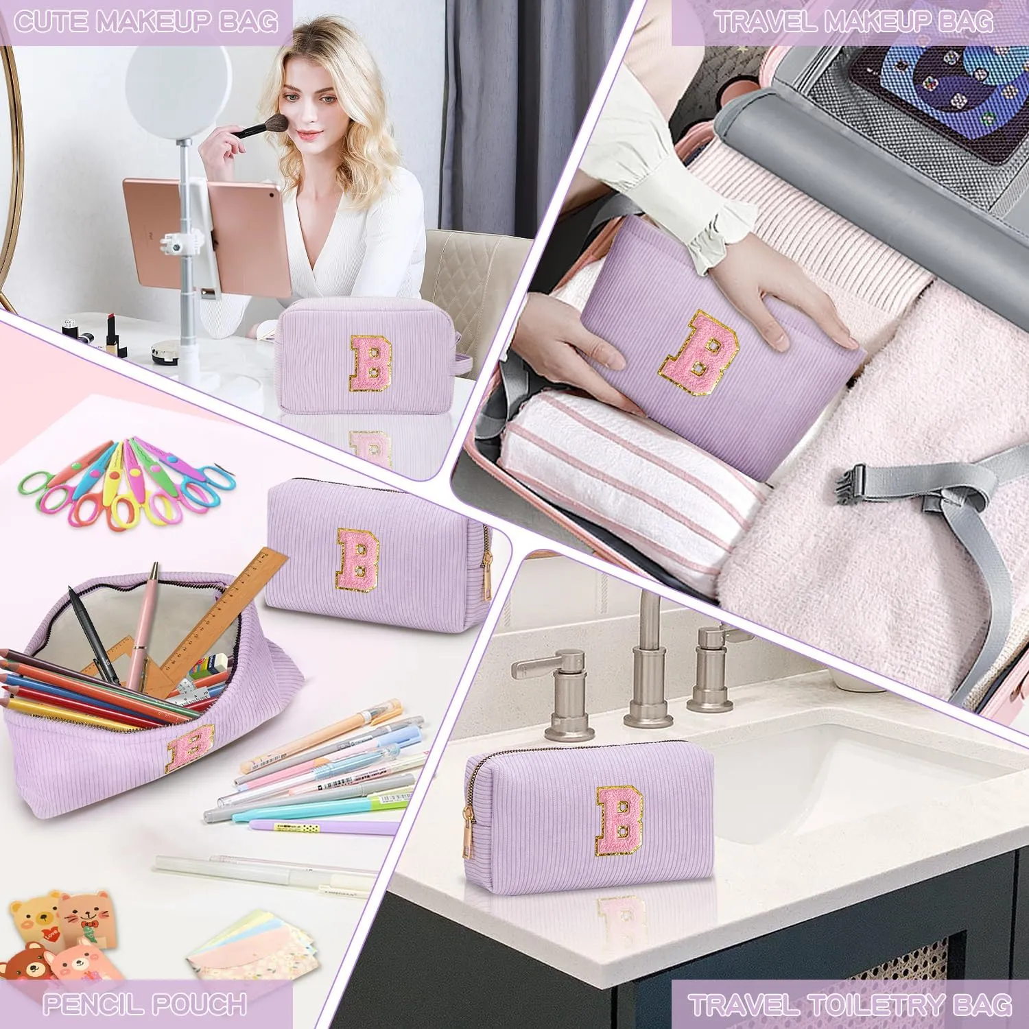 Makeup Bag Cosmetic Bag for Girls with Initial Letter Patch 3 Pieces Corduroy Travel Toiletry Make Up Brush Bag Pounch Organizer Preppy Things Cute Stuff Gifts for Teen Girls (Lavender B)