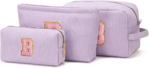 Makeup Bag Cosmetic Bag for Girls with Initial Letter Patch 3 Pieces Corduroy Travel Toiletry Make Up Brush Bag Pounch Organizer Preppy Things Cute Stuff Gifts for Teen Girls (Lavender B)