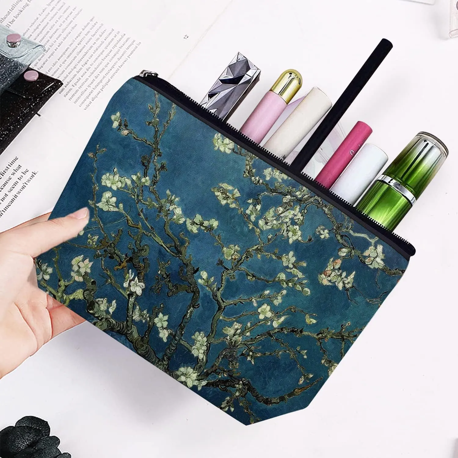 Makeup Bag for Women Large Makeup Bag Travel Cosmetic Bag Zipper Pouch Toiletry Bags 7X10in Almond Blossom