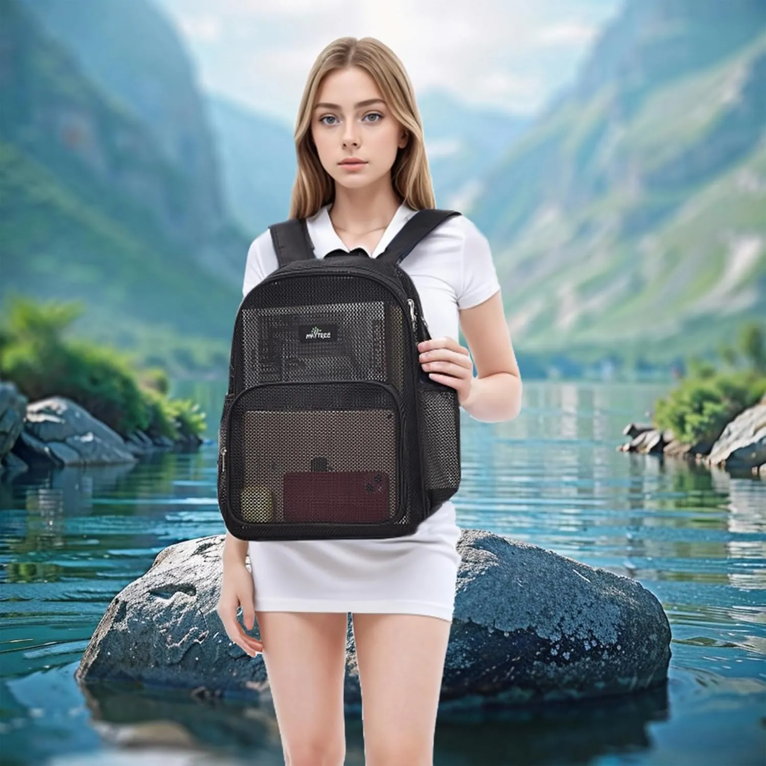 MAY TREE Mesh Backpack for School Beach Swimming Outdoor Fitness, Heavy Duty Mesh Bookbag with Sturdy Mesh Material