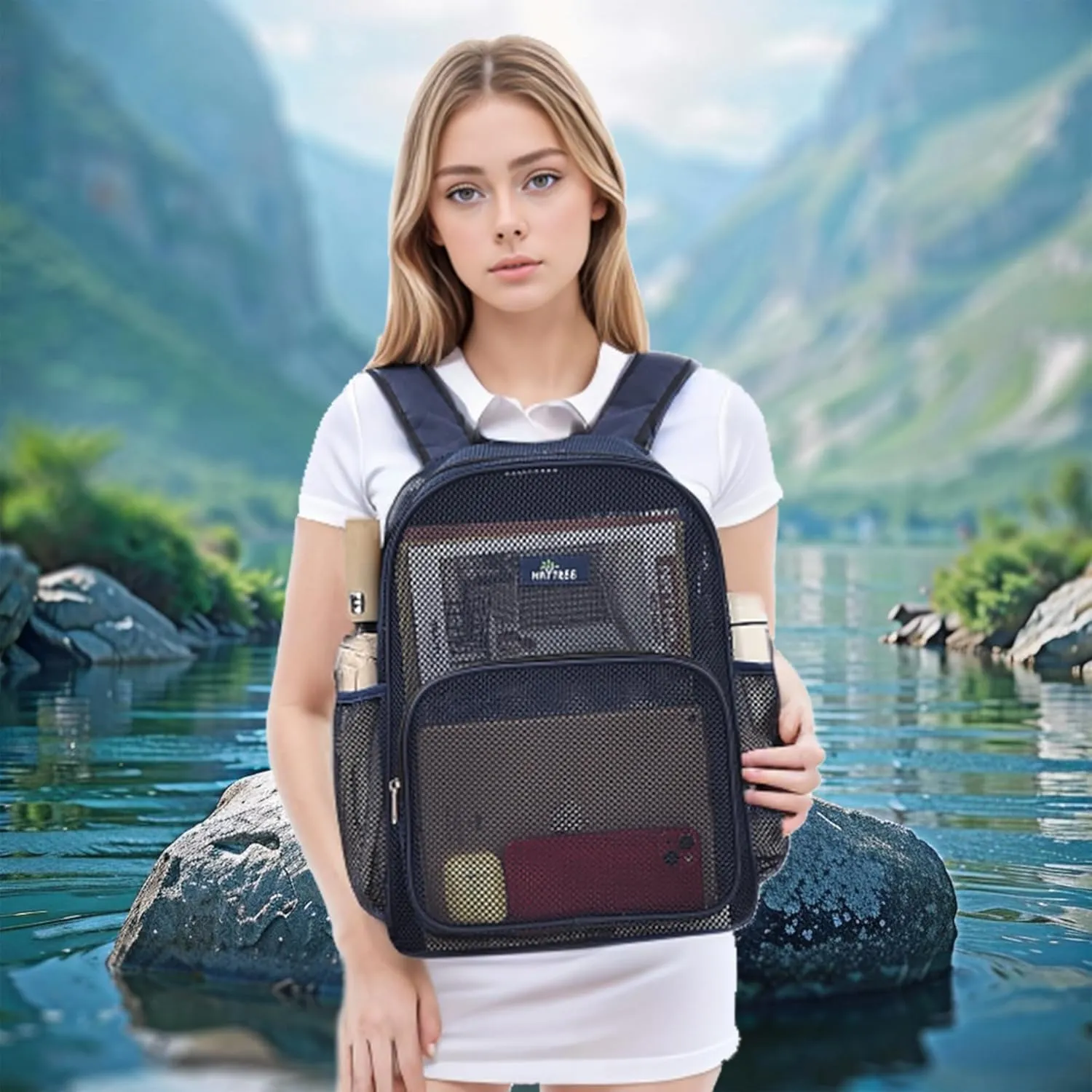 MAY TREE Mesh Backpack for School Beach Swimming Outdoor Fitness, Heavy Duty Mesh Bookbag with Sturdy Mesh Material