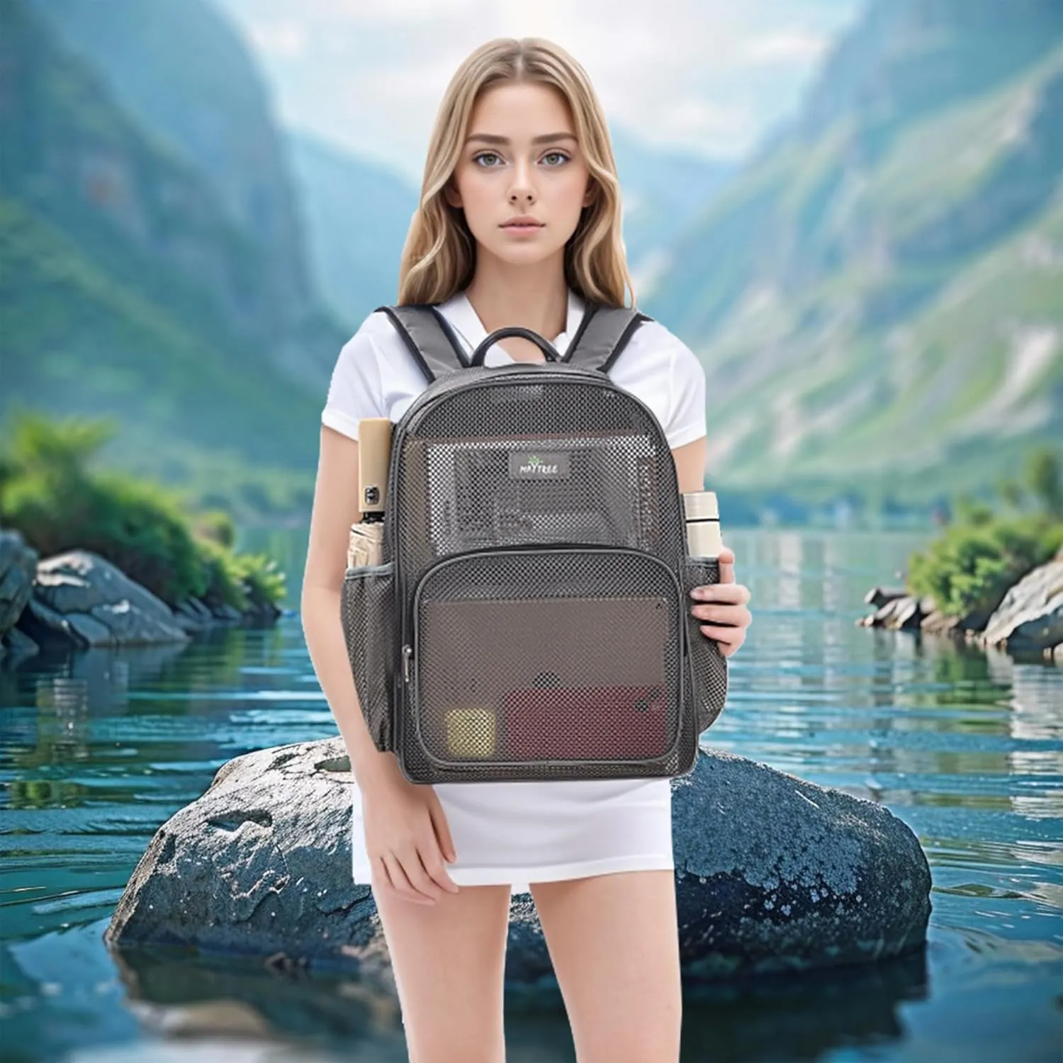 MAY TREE Mesh Backpack for School Beach Swimming Outdoor Fitness, Heavy Duty Mesh Bookbag with Sturdy Mesh Material