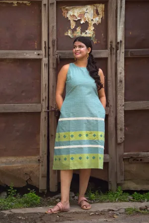 Meenakshi- Boat Neck Sky Blue Cotton Dress with Pocket