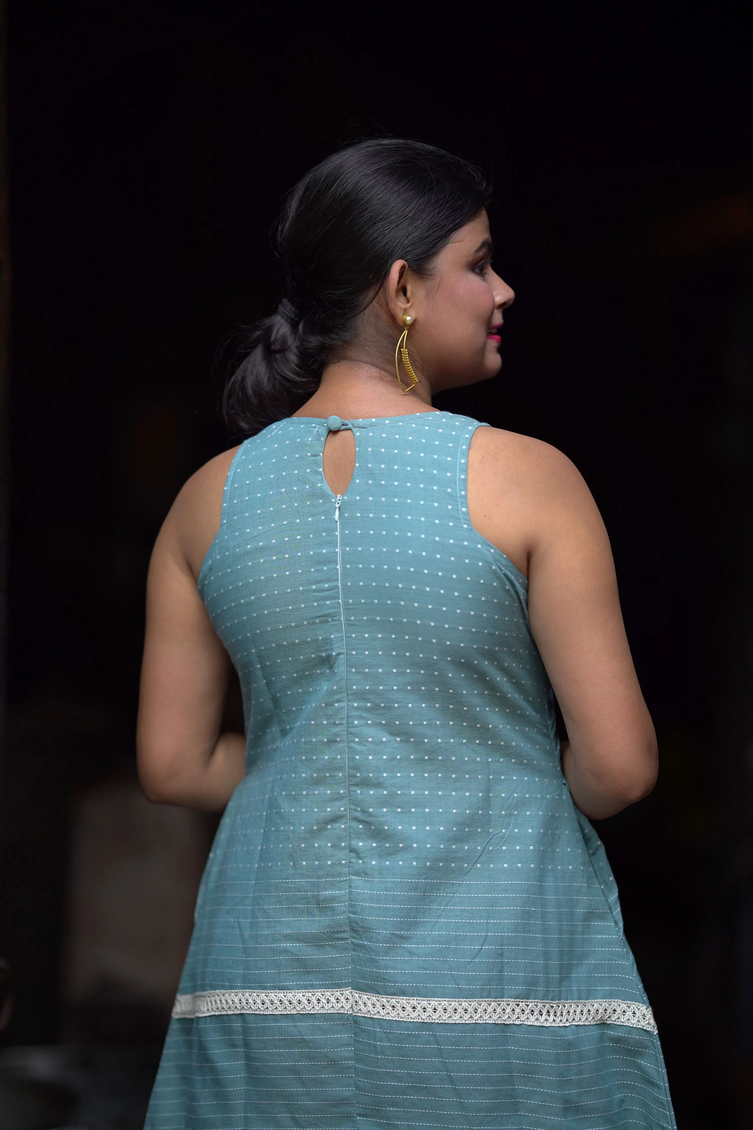 Meenakshi- Boat Neck Sky Blue Cotton Dress with Pocket