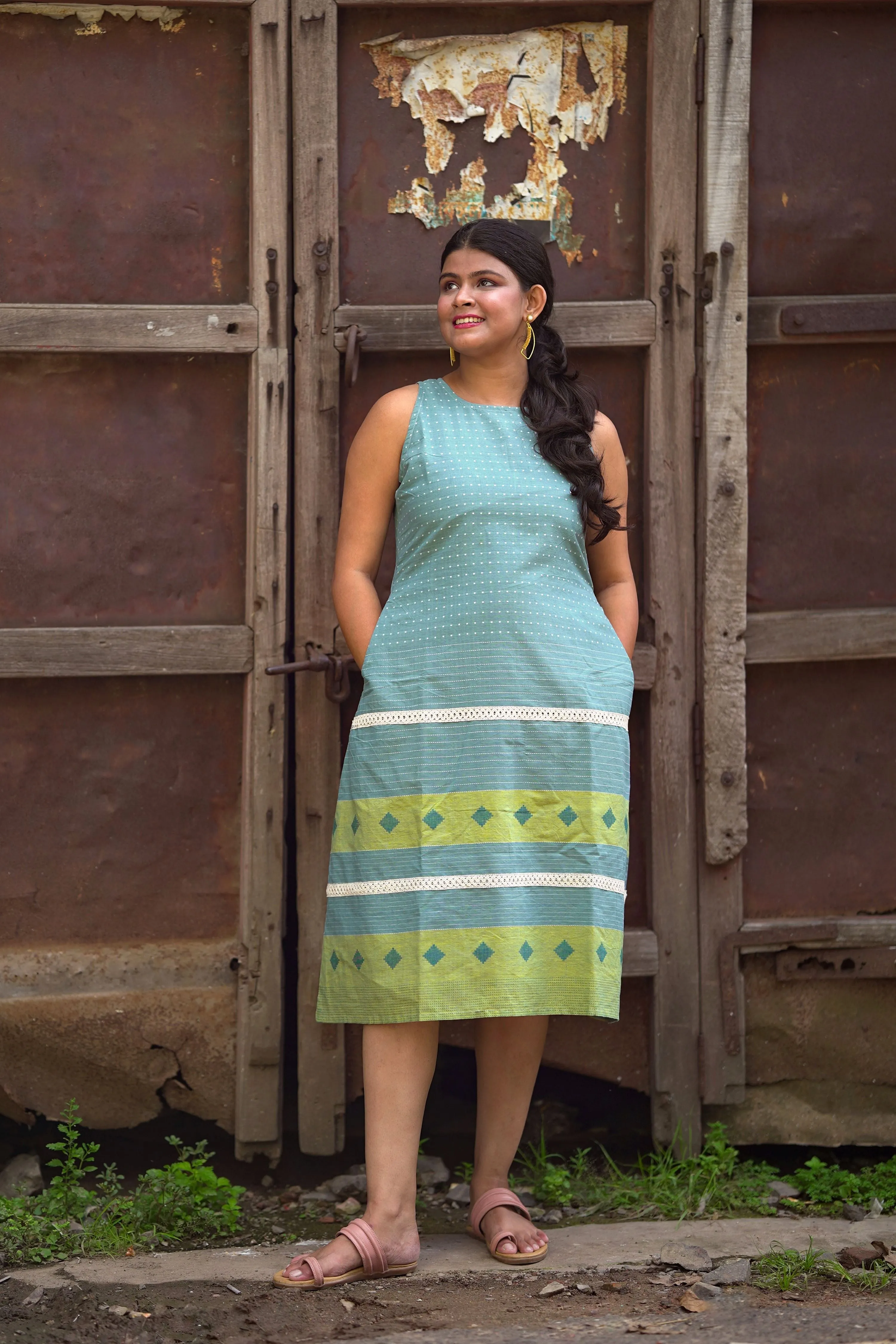 Meenakshi- Boat Neck Sky Blue Cotton Dress with Pocket