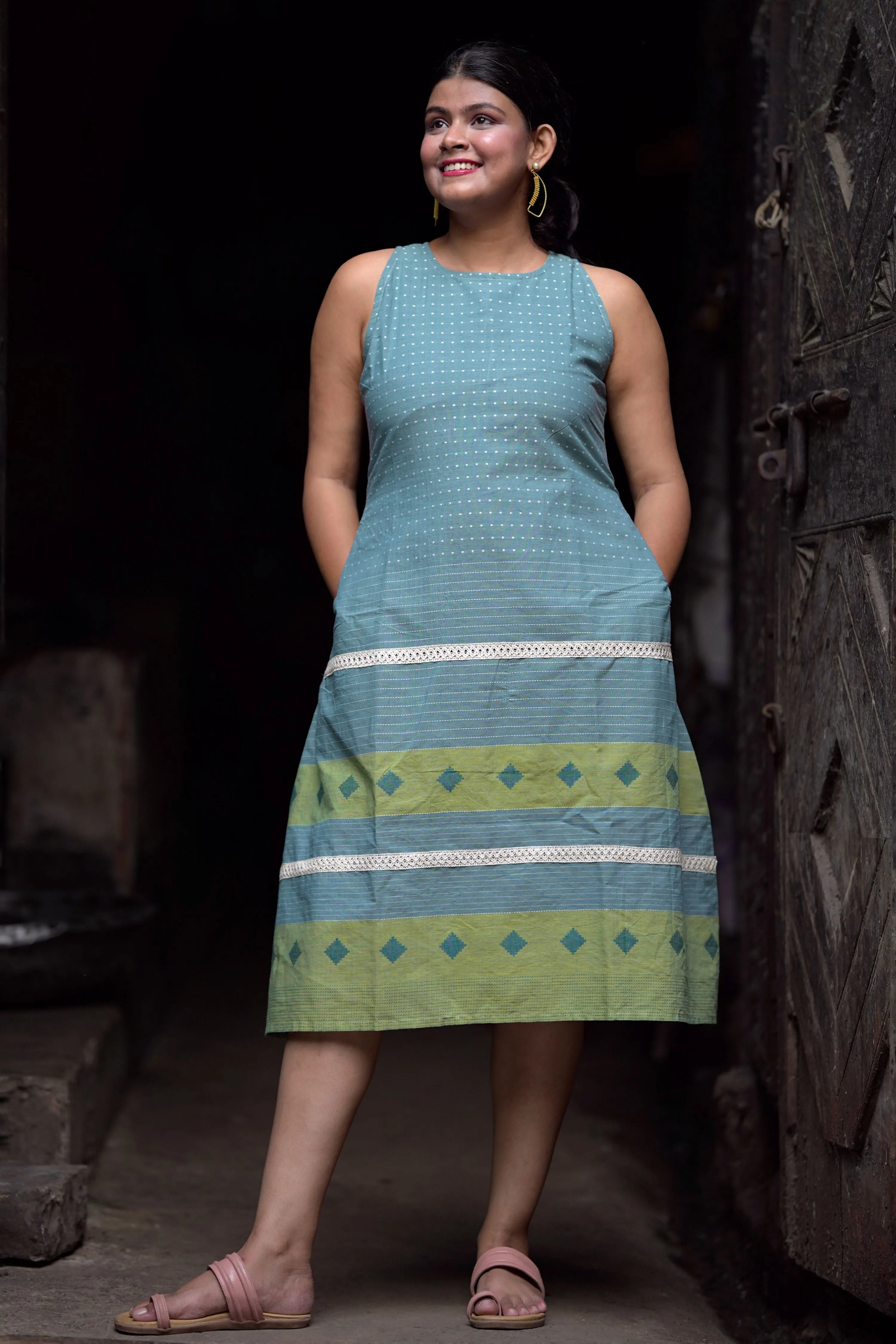 Meenakshi- Boat Neck Sky Blue Cotton Dress with Pocket