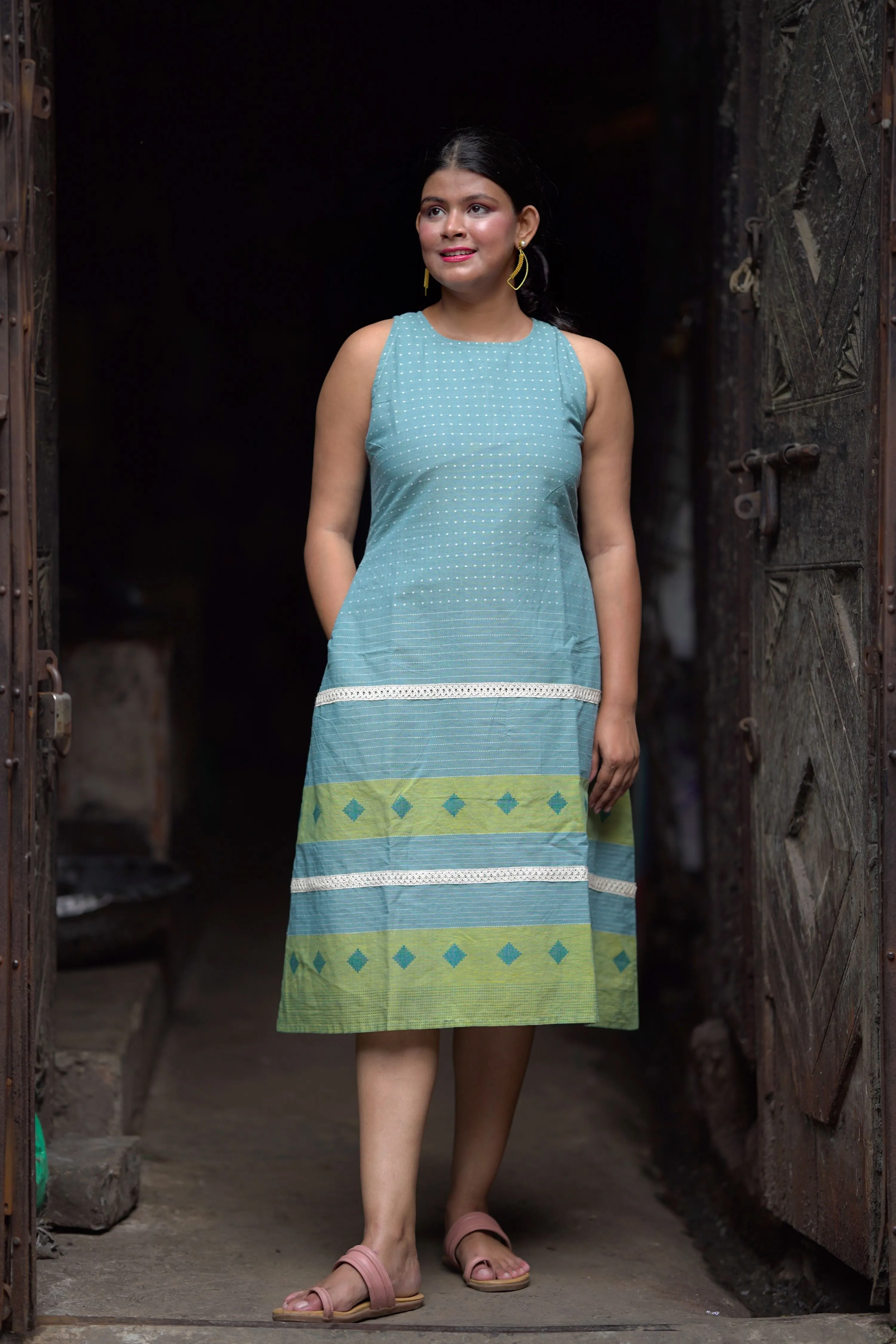 Meenakshi- Boat Neck Sky Blue Cotton Dress with Pocket