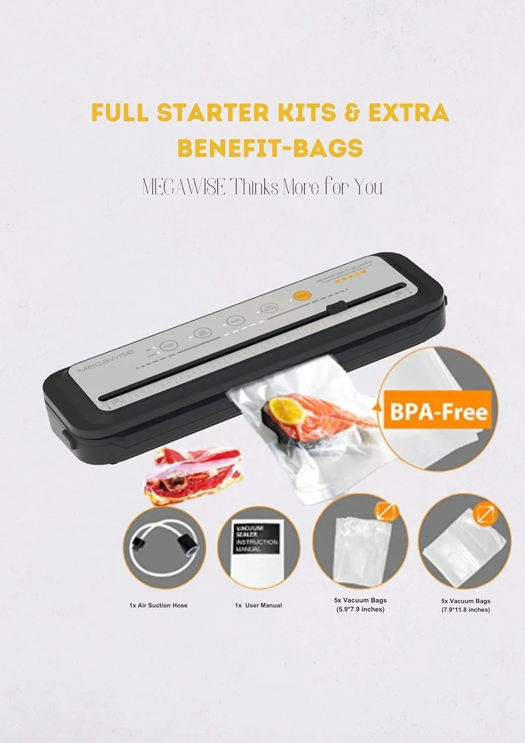 MEGAWISE 202309 Updated Model B w/ 4 Food Type/3 Bag Type Selection Food Vacuum Sealer Builtin Cutter for Fresh Saver of all food types moist, dry cold