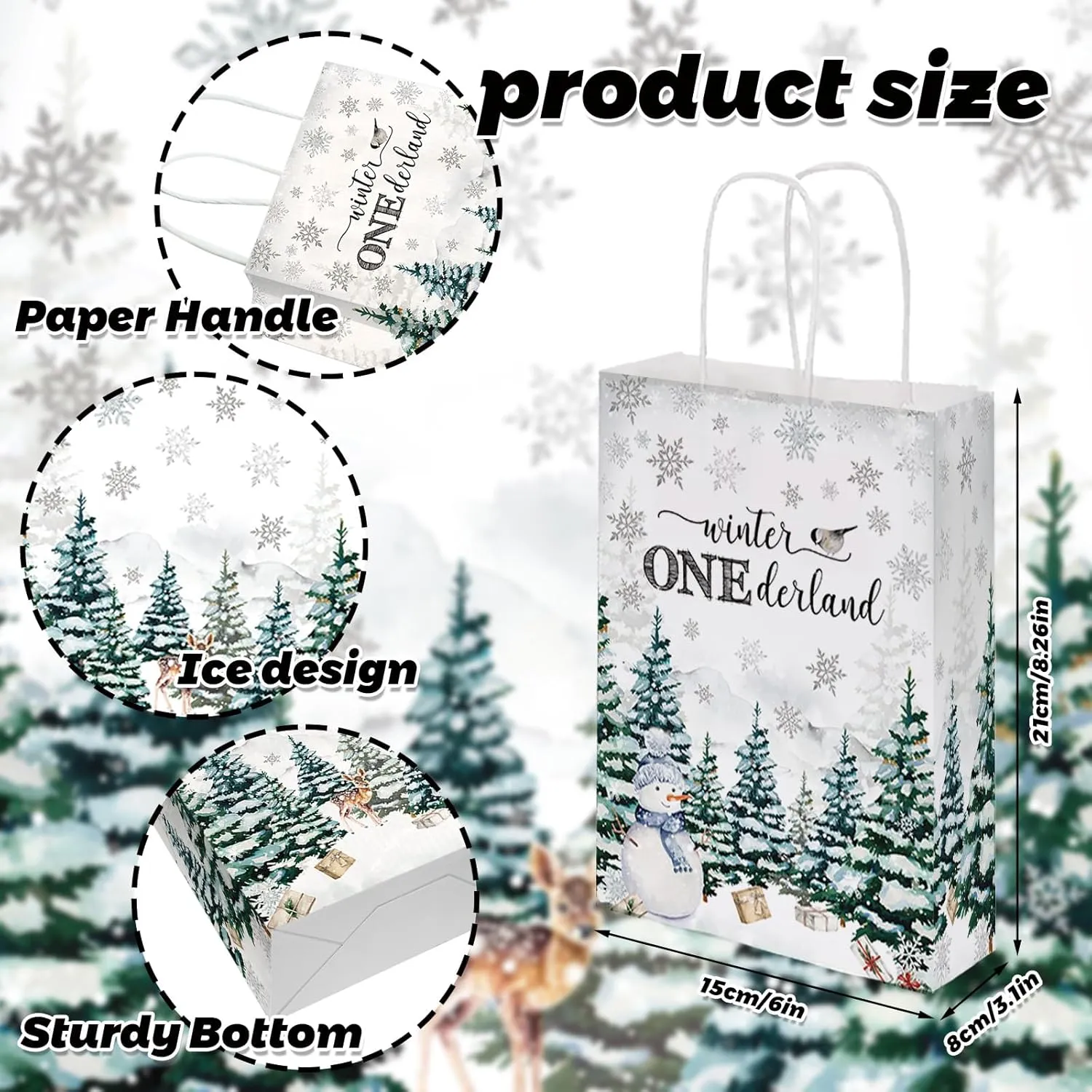 MEHOFOND 24 Winter Onederland Blue Treat Bags, Winter Snowflake Party Gift Bags Goodie Bag with Handles for Snowflake Birthday Xmas Party Decoration Holiday Party Supplies