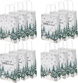 MEHOFOND 24 Winter Onederland Blue Treat Bags, Winter Snowflake Party Gift Bags Goodie Bag with Handles for Snowflake Birthday Xmas Party Decoration Holiday Party Supplies
