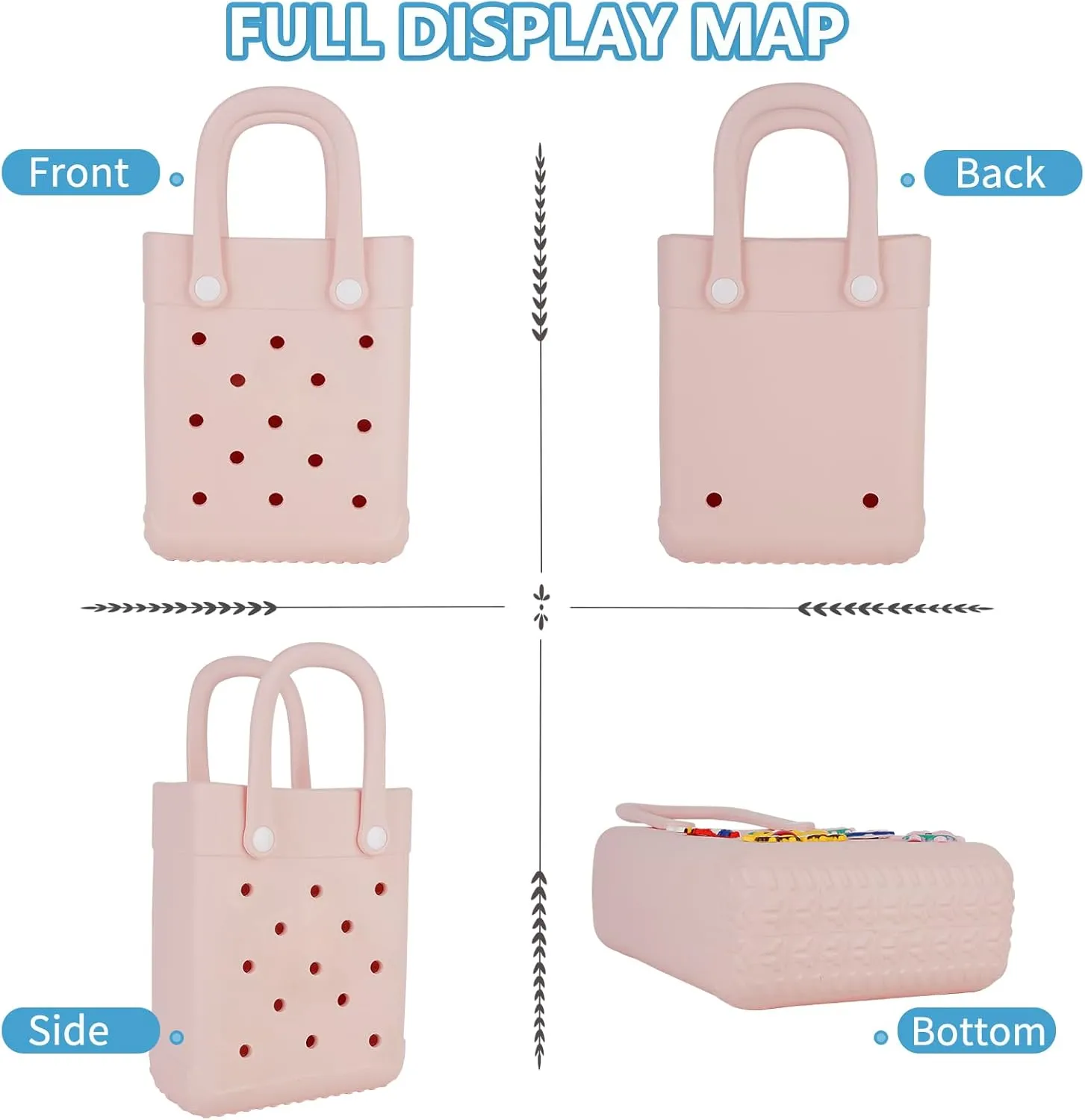 Mini Beach Rubber Tote Bag - Small Waterproof Bitty Washable Handbag with Charms for Women