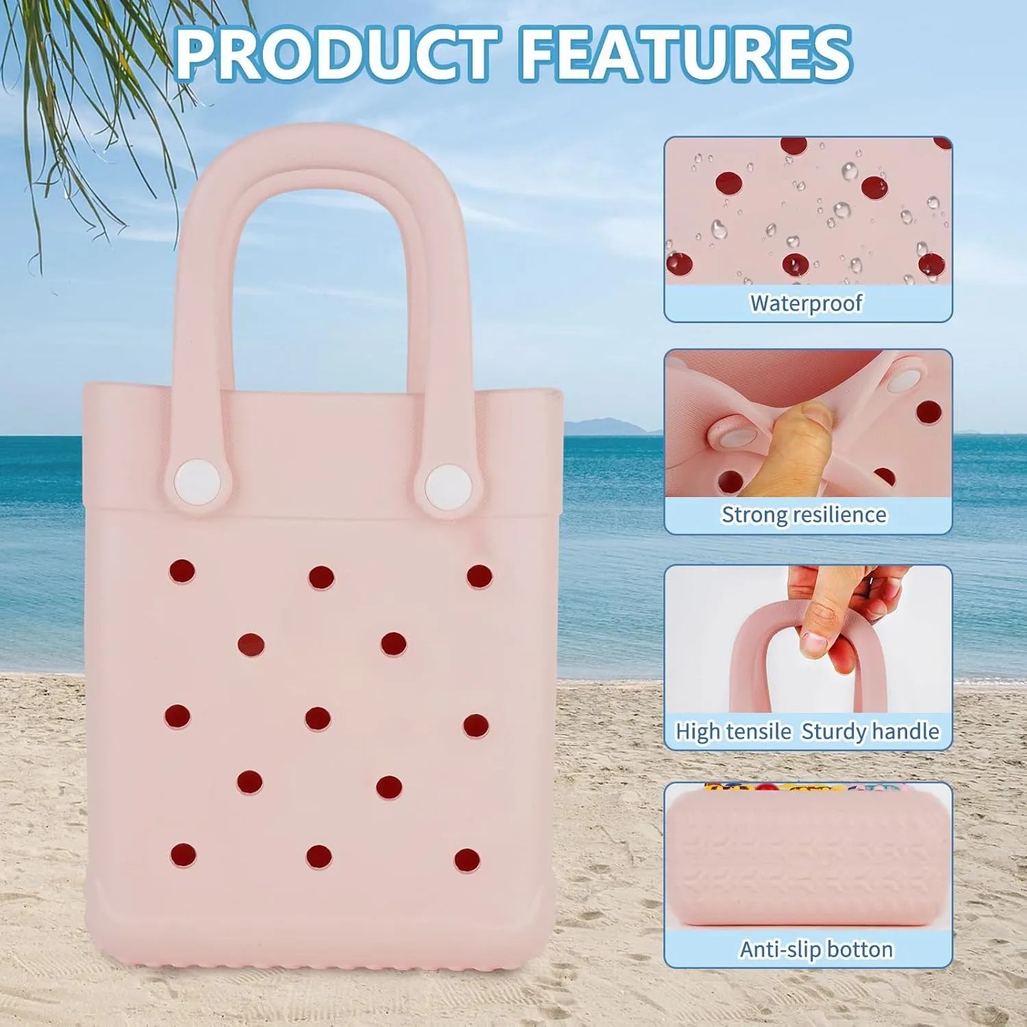 Mini Beach Rubber Tote Bag - Small Waterproof Bitty Washable Handbag with Charms for Women