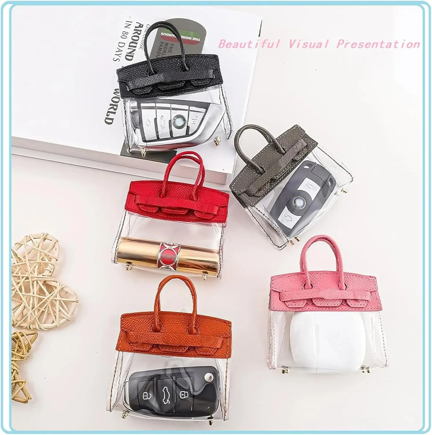 Mini Creative Handbag Design Car keychain,Women Car Key Bag Mini Handbag,Exquisite Transparent Small Handbag,Headphone Bags