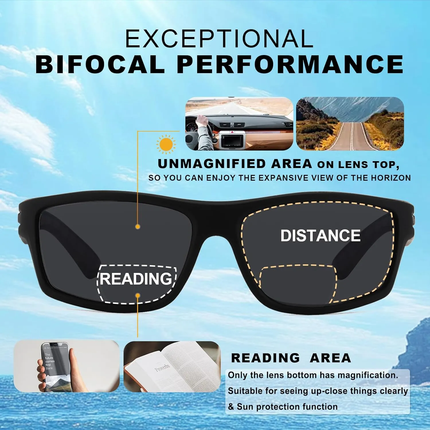 Missfive 2-Pack Mens Ultimate Bifocal Sunglasses with Readers Built In Sporty Upgraded Wrap Frame, UV400 Protection Driving & Reading Glasses for Outdoor  2.5