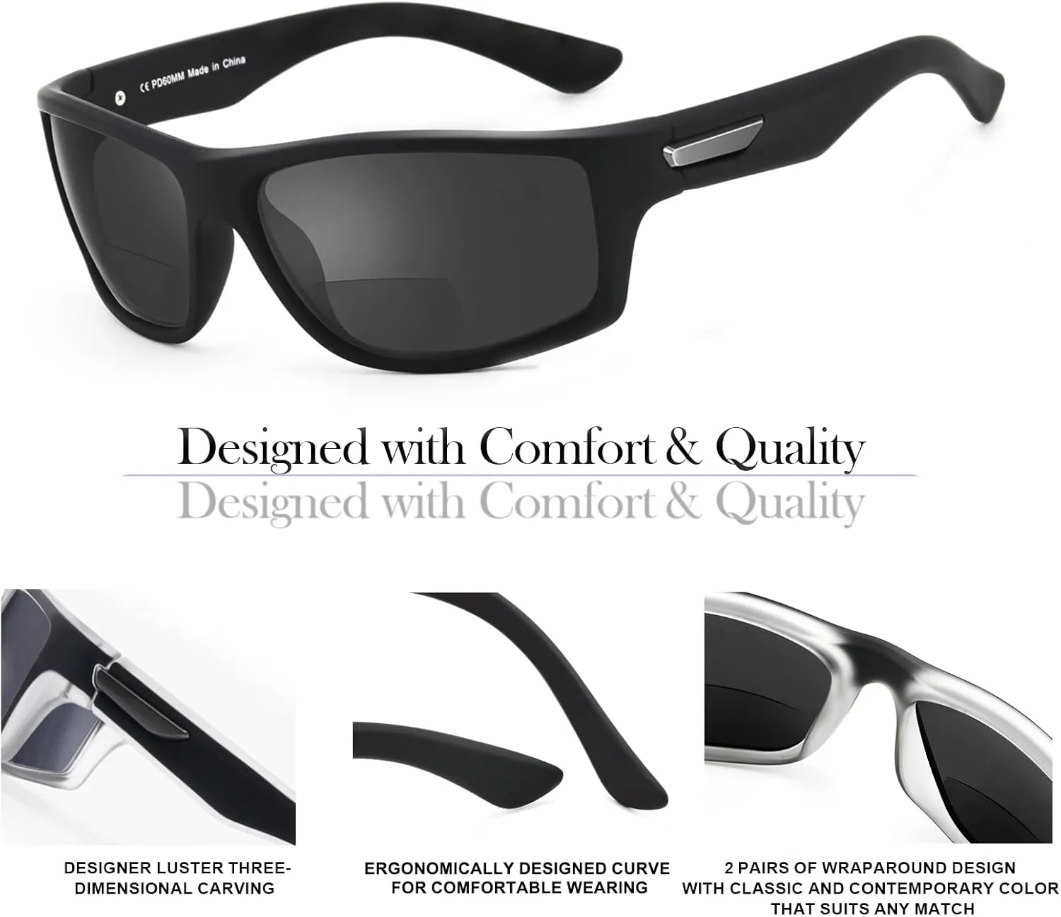 Missfive 2-Pack Mens Ultimate Bifocal Sunglasses with Readers Built In Sporty Upgraded Wrap Frame, UV400 Protection Driving & Reading Glasses for Outdoor  2.5