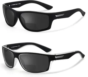 Missfive 2-Pack Mens Ultimate Bifocal Sunglasses with Readers Built In Sporty Upgraded Wrap Frame, UV400 Protection Driving & Reading Glasses for Outdoor  2.5
