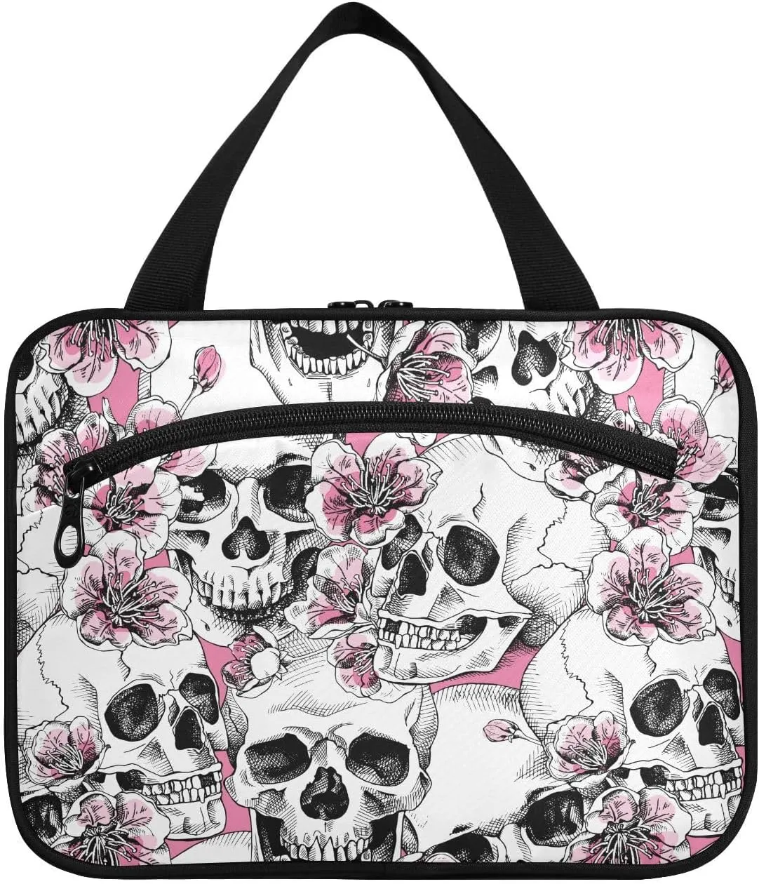 MNSRUU Hanging Toiletry Bags for Women Travel, Goth Halloween Skull Flowers and Pink Cherries Toiletry Organizer Portable Travel Toiletry Bags Clear Wash Bags Makeup Bag Cosmetic Bag