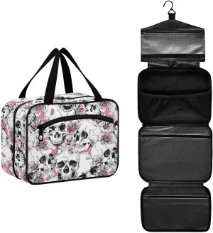 MNSRUU Hanging Toiletry Bags for Women Travel, Goth Halloween Skull Flowers and Pink Cherries Toiletry Organizer Portable Travel Toiletry Bags Clear Wash Bags Makeup Bag Cosmetic Bag