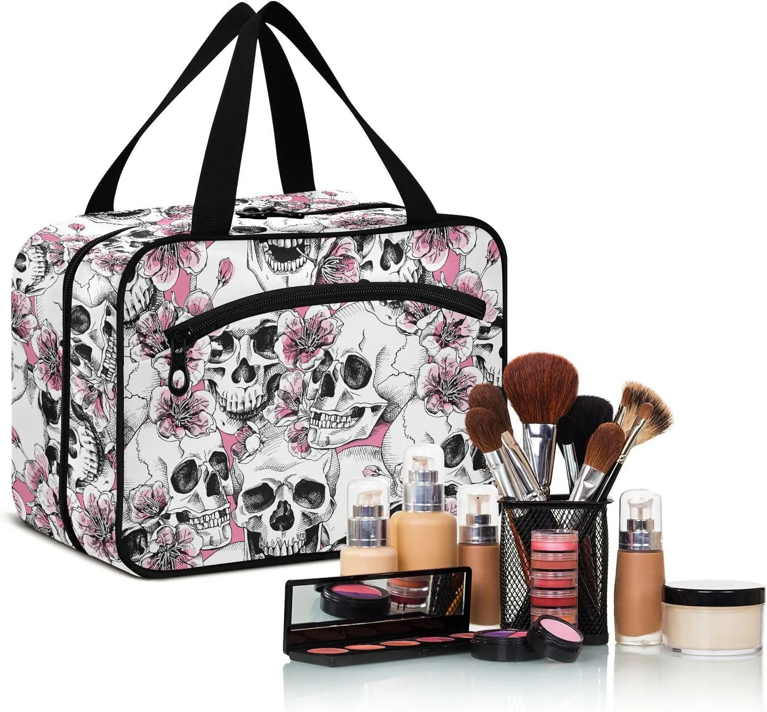 MNSRUU Hanging Toiletry Bags for Women Travel, Goth Halloween Skull Flowers and Pink Cherries Toiletry Organizer Portable Travel Toiletry Bags Clear Wash Bags Makeup Bag Cosmetic Bag