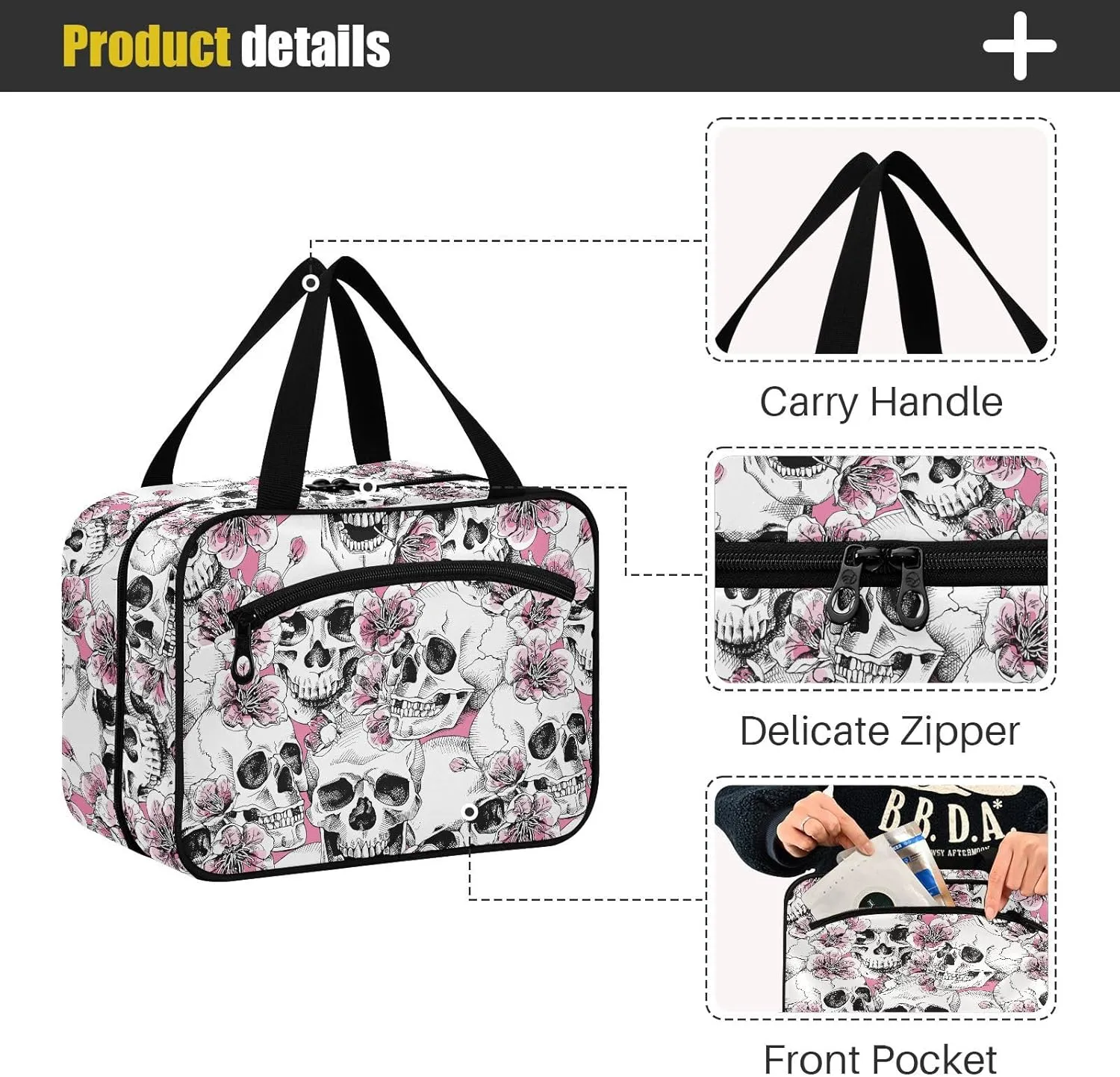 MNSRUU Hanging Toiletry Bags for Women Travel, Goth Halloween Skull Flowers and Pink Cherries Toiletry Organizer Portable Travel Toiletry Bags Clear Wash Bags Makeup Bag Cosmetic Bag
