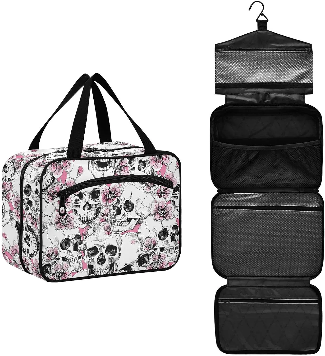 MNSRUU Hanging Toiletry Bags for Women Travel, Goth Halloween Skull Flowers and Pink Cherries Toiletry Organizer Portable Travel Toiletry Bags Clear Wash Bags Makeup Bag Cosmetic Bag
