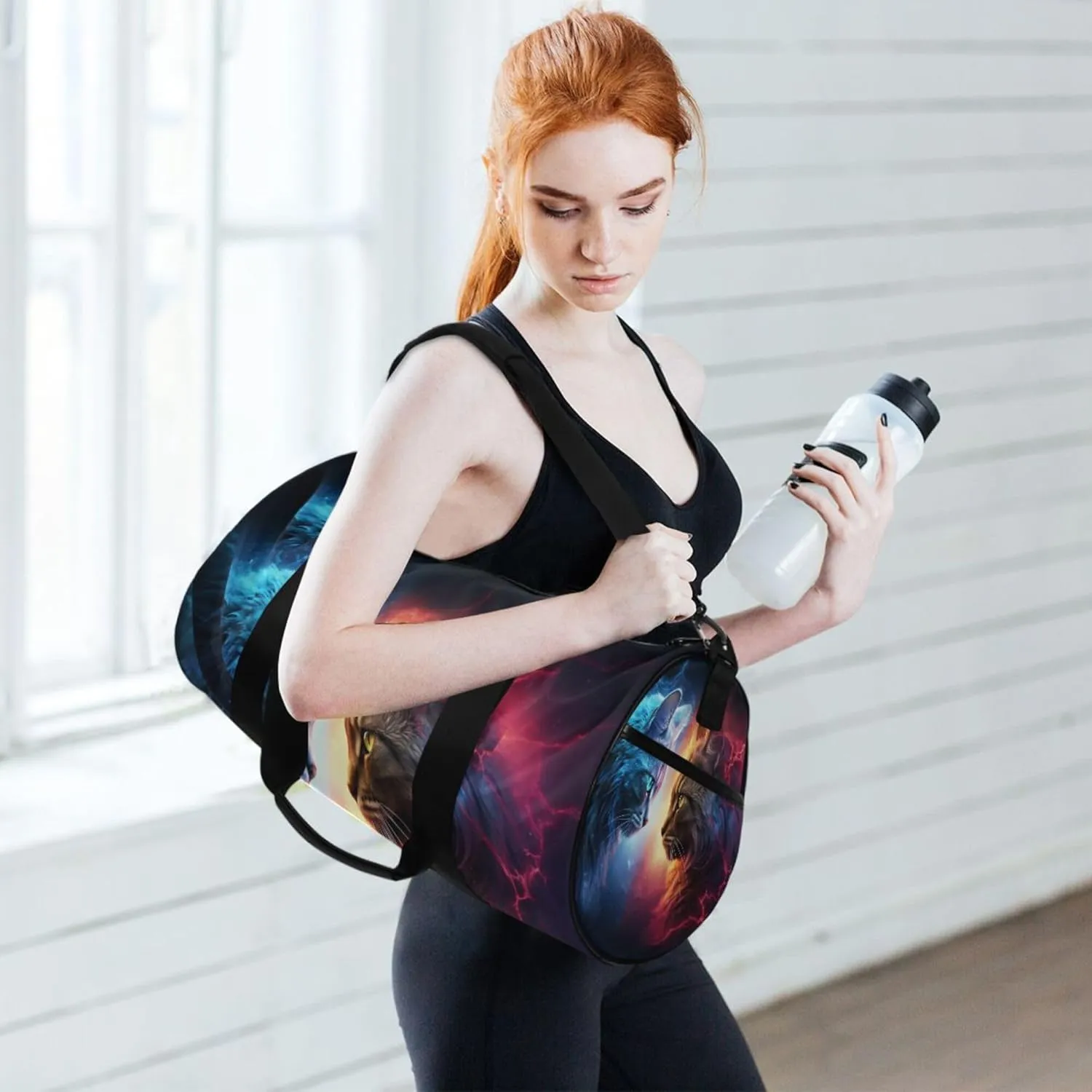 MNSRUU Sports Duffel Bags, Cat Lightning Athletic Gym Bag Overnight Workout Travel Tote Luggage for Men Women Yoga