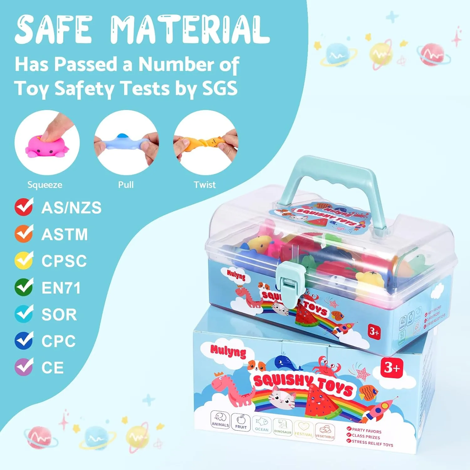 Mochi Squishy Toys 80 Pack, Kawaii Squishies Fidget Toy for Kids Party Favor Christmas Birthday Gift Easter Goodie Bags Fillers Classroom Prizes with Storage Box, Non Duplicates (80 Pack)