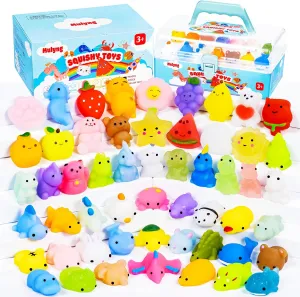Mochi Squishy Toys 80 Pack, Kawaii Squishies Fidget Toy for Kids Party Favor Christmas Birthday Gift Easter Goodie Bags Fillers Classroom Prizes with Storage Box, Non Duplicates (80 Pack)
