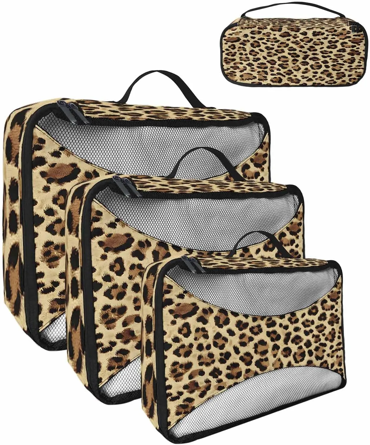Modern Leopard Print 4 Set Packing Cubes, Brown Abstract Impressionist Style Packing Cubes for Carry on Suitcase Travel Essential Bag for Clothes Shoes Cosmetics Toiletry