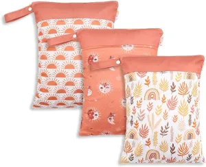 MOMIGO Wet Dry Bags for Baby Cloth Diapers - 3 Pack Reusable, Washable for Baby Stroller, Diaper Bag, Breast Pump Parts, Travel Bags, Gym Bag with 2 Pockets 11.8 * 15.7 inch (Pink)