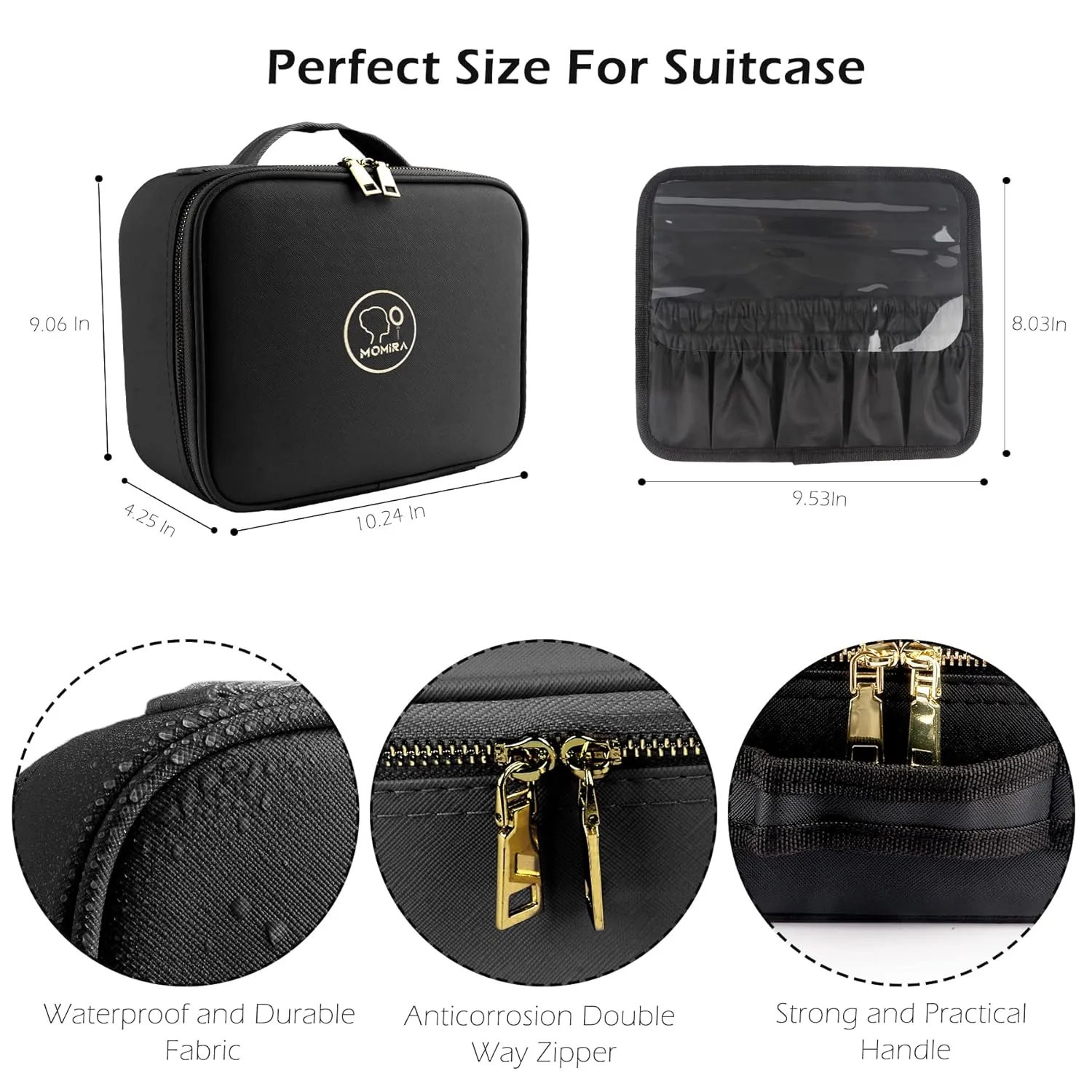 MOMIRA Travel Makeup Bag Cosmetic Bag Makeup Organizer Bag with Lighted Mirror, Adjustable Brightness in 3 Color Scenarios, Waterproof Makeup Train Case, Gift for Women - Black