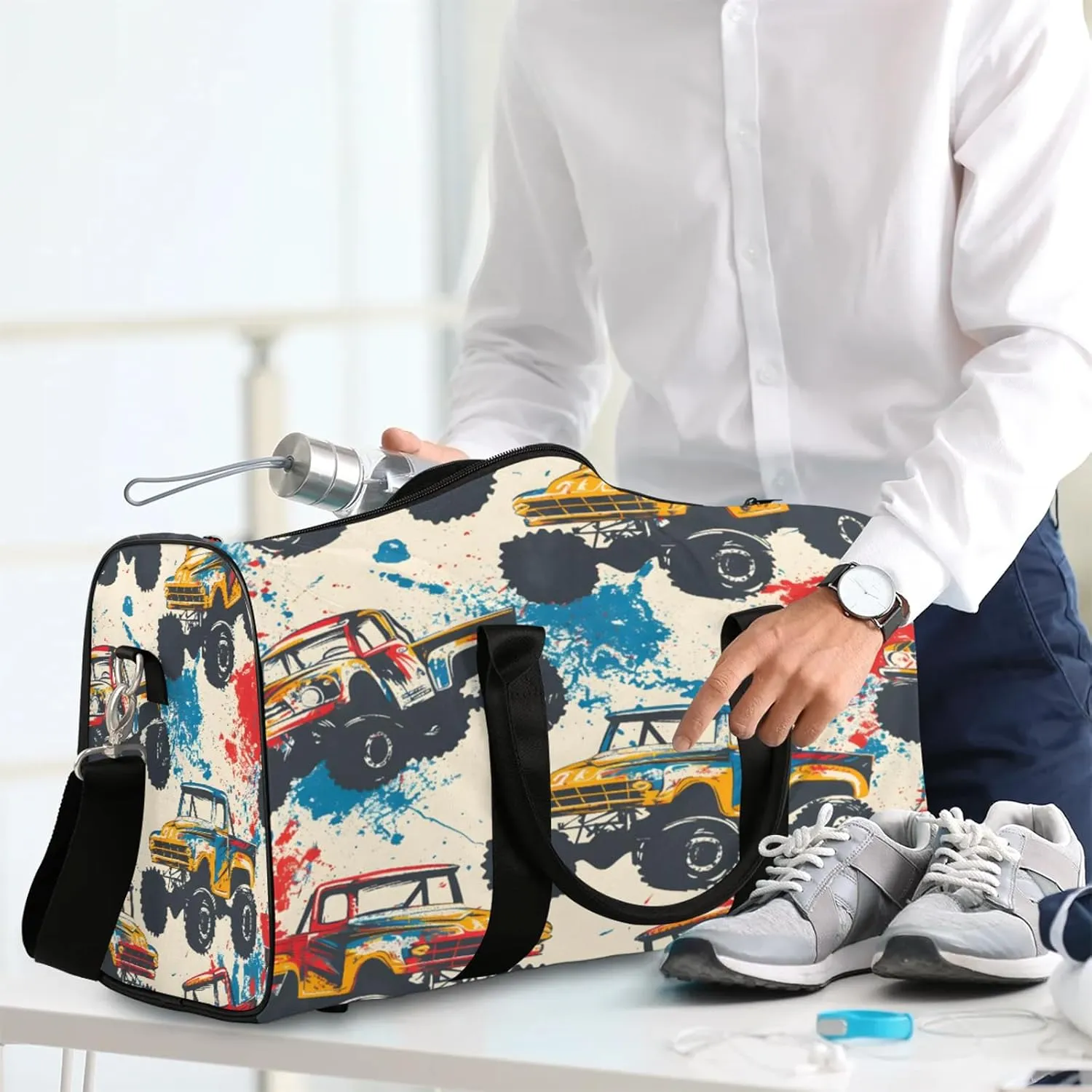 Monster Trucks Cars Travel Bag for Men Women, Gym Duffle Bags for Travel, Carry On Luggage Bag, Weekender Overnight Workout Bags