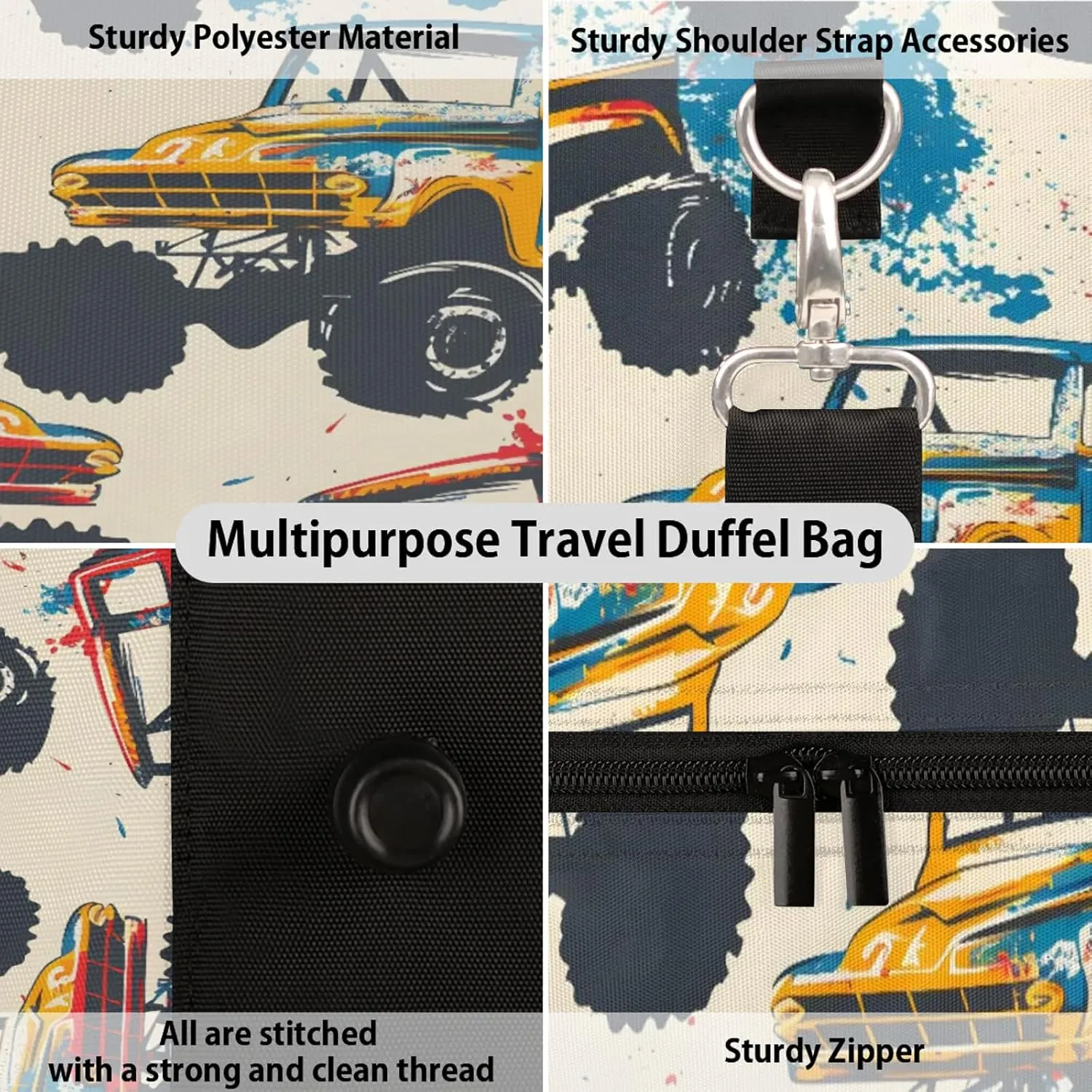 Monster Trucks Cars Travel Bag for Men Women, Gym Duffle Bags for Travel, Carry On Luggage Bag, Weekender Overnight Workout Bags