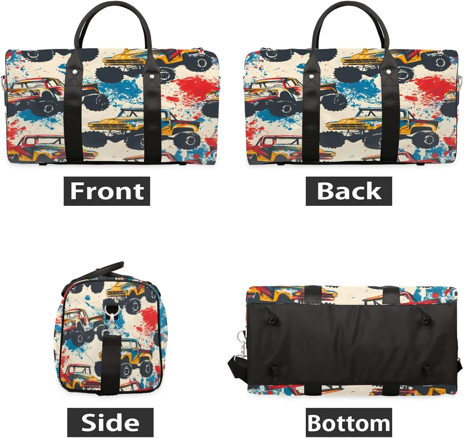 Monster Trucks Cars Travel Bag for Men Women, Gym Duffle Bags for Travel, Carry On Luggage Bag, Weekender Overnight Workout Bags