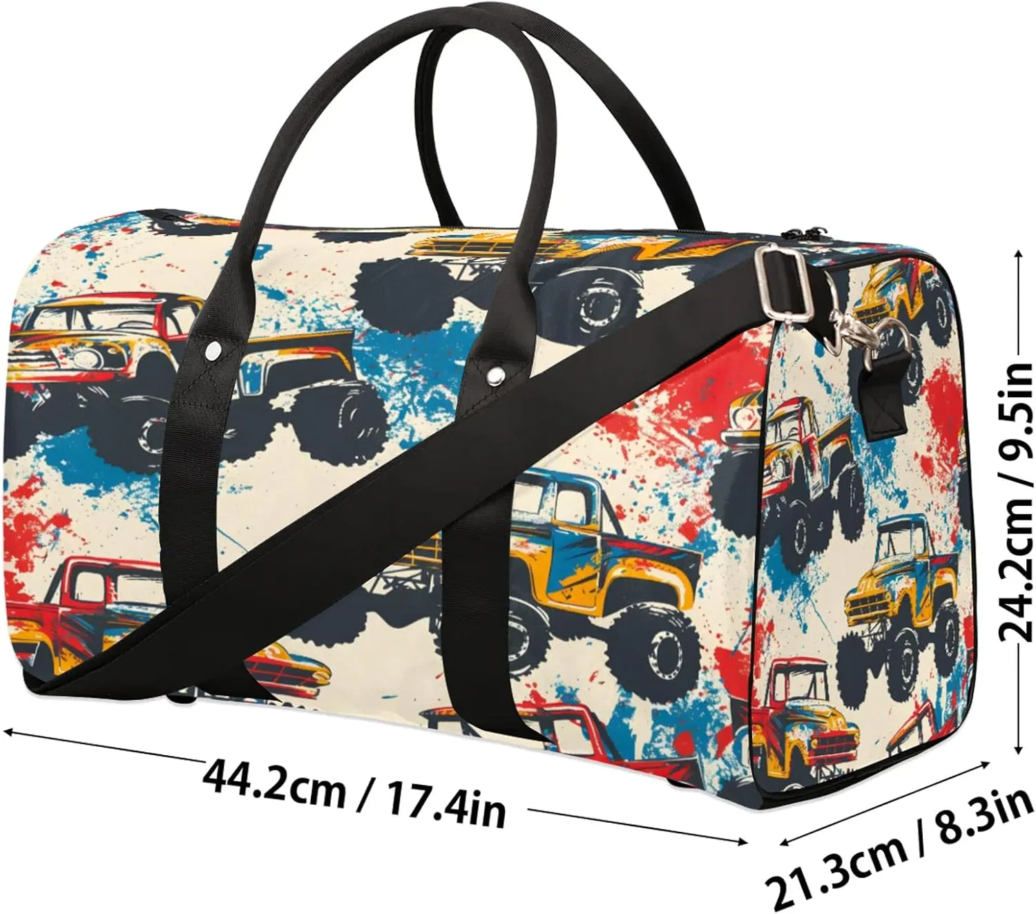 Monster Trucks Cars Travel Bag for Men Women, Gym Duffle Bags for Travel, Carry On Luggage Bag, Weekender Overnight Workout Bags