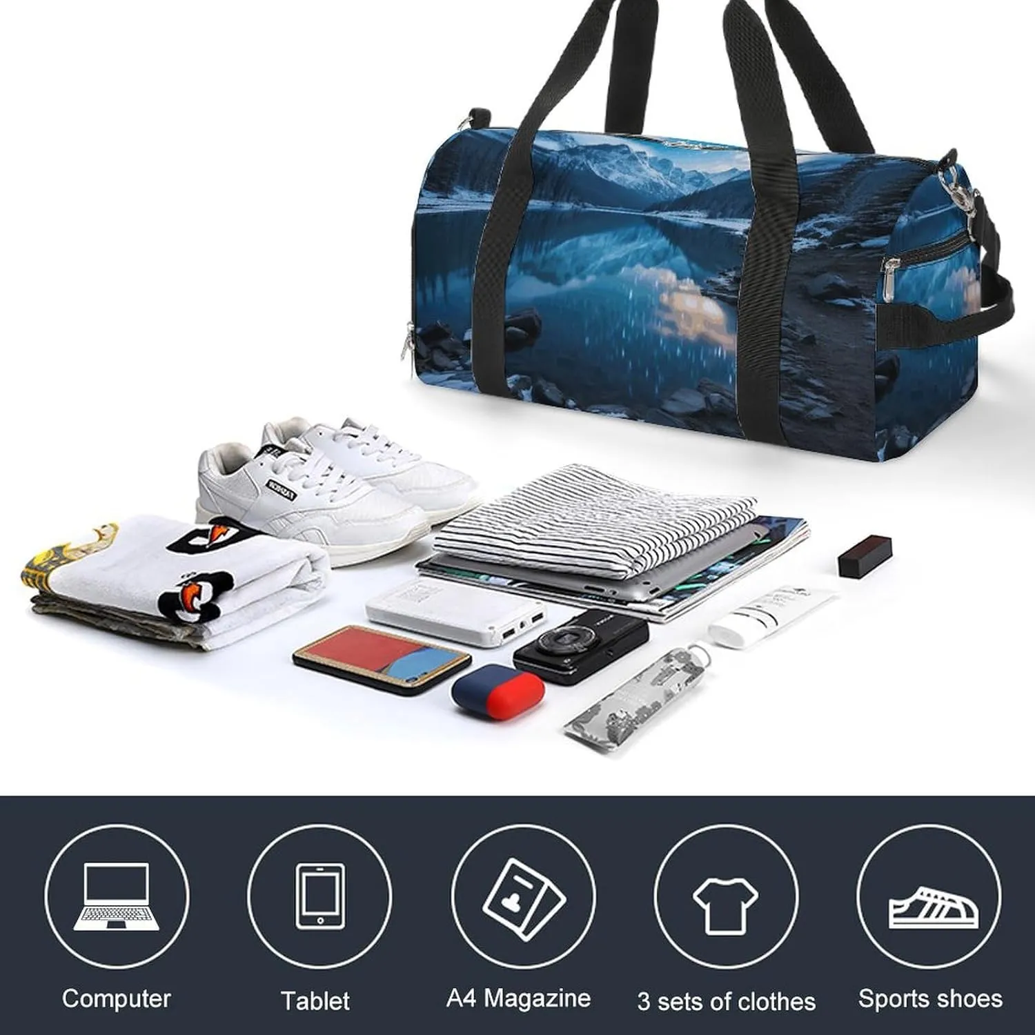 Moraine Lake in A Starry Winter Night Sports Gym Bag Carry on Holdalls for Men Small Duffel Bags for Women with Shoe Compartment