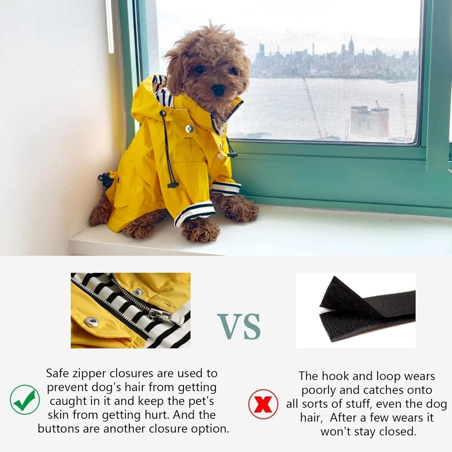 Morezi Dog Zip Up Raincoat with Reflective Buttons, Rain/Water Resistant, Adjustable Drawstring, Removable Hood, Raincoats with Legs 8lbs to 80lbs Available - Grid Blue - S
