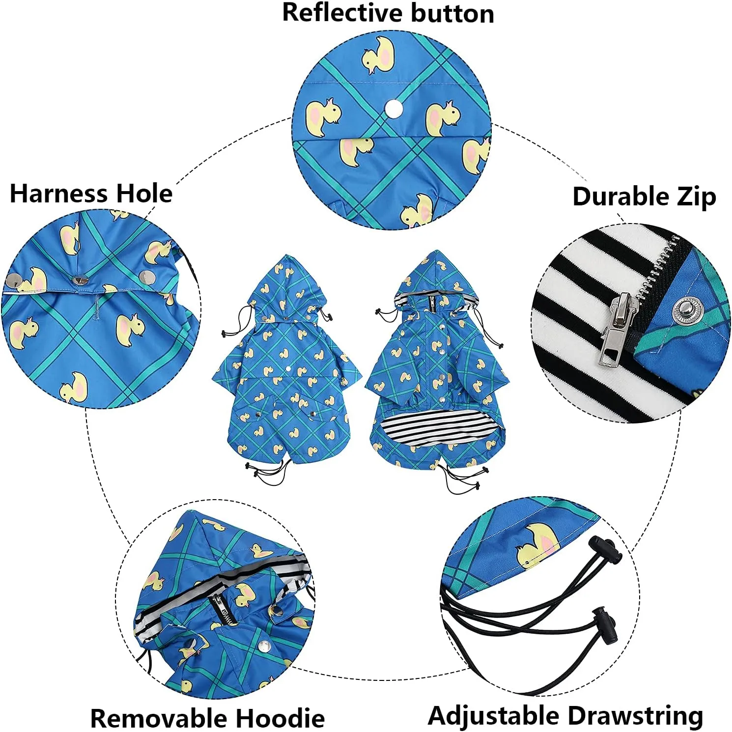 Morezi Dog Zip Up Raincoat with Reflective Buttons, Rain/Water Resistant, Adjustable Drawstring, Removable Hood, Raincoats with Legs 8lbs to 80lbs Available - Grid Blue - S