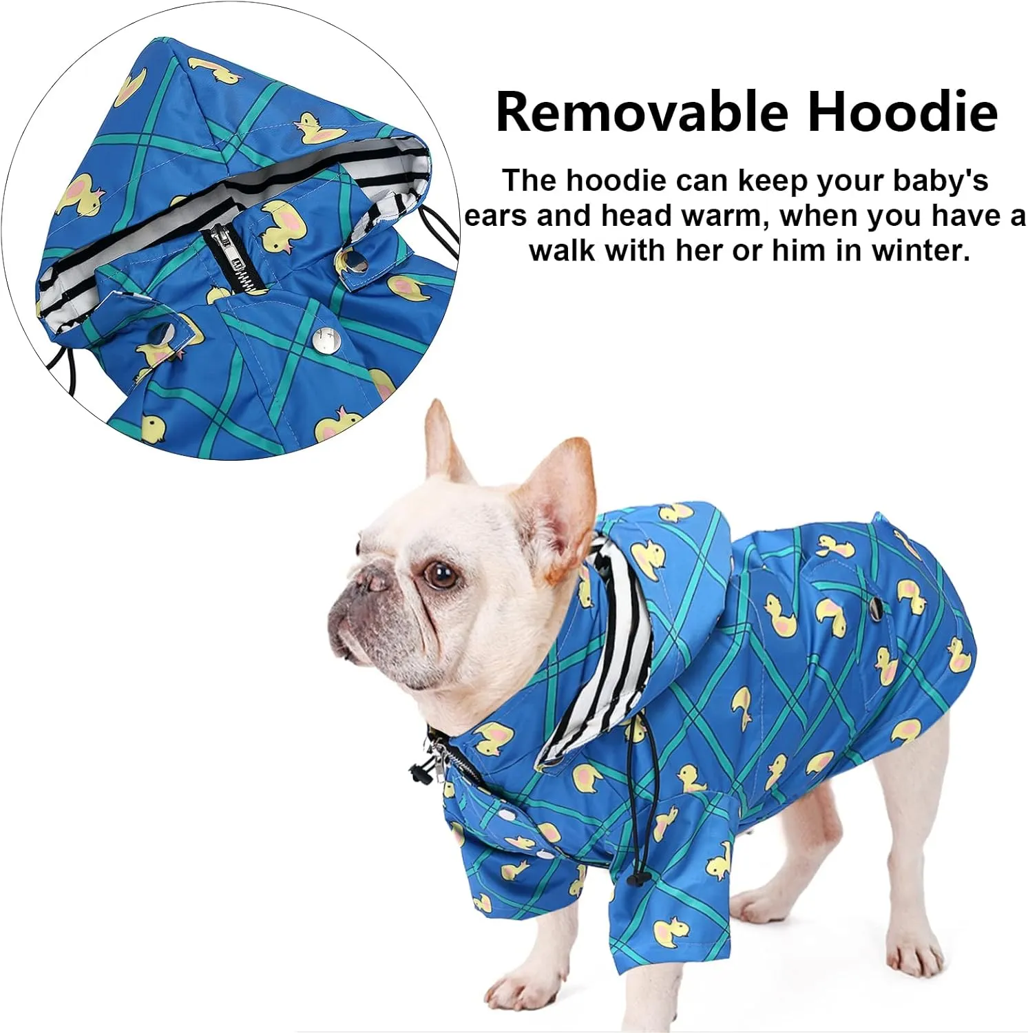 Morezi Dog Zip Up Raincoat with Reflective Buttons, Rain/Water Resistant, Adjustable Drawstring, Removable Hood, Raincoats with Legs 8lbs to 80lbs Available - Grid Blue - S