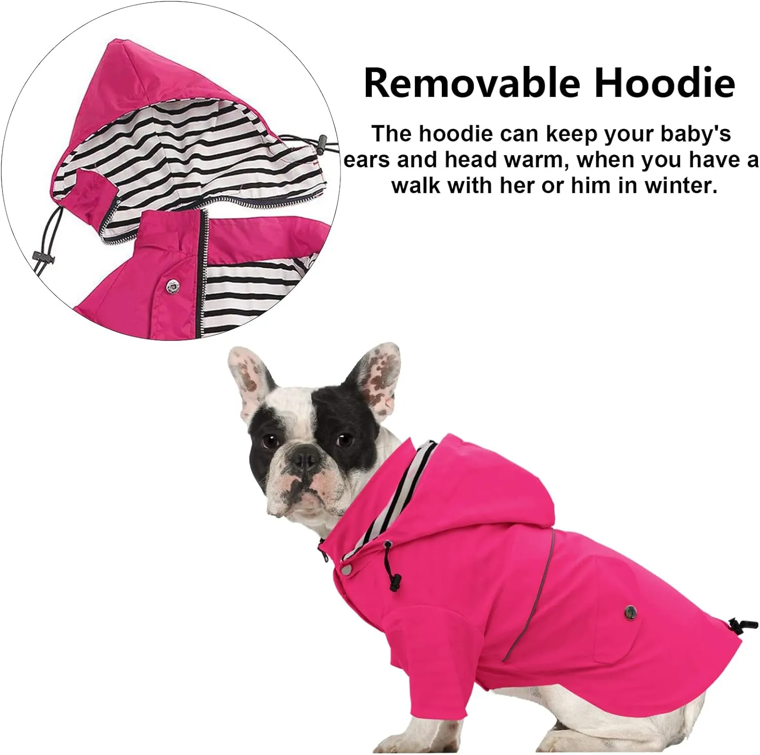Morezi Dog Zip Up Raincoat with Reflective Buttons, Rain/Water Resistant, Adjustable Drawstring, Removable Hood, Raincoats with Legs 8lbs to 80lbs Available - Pink - S