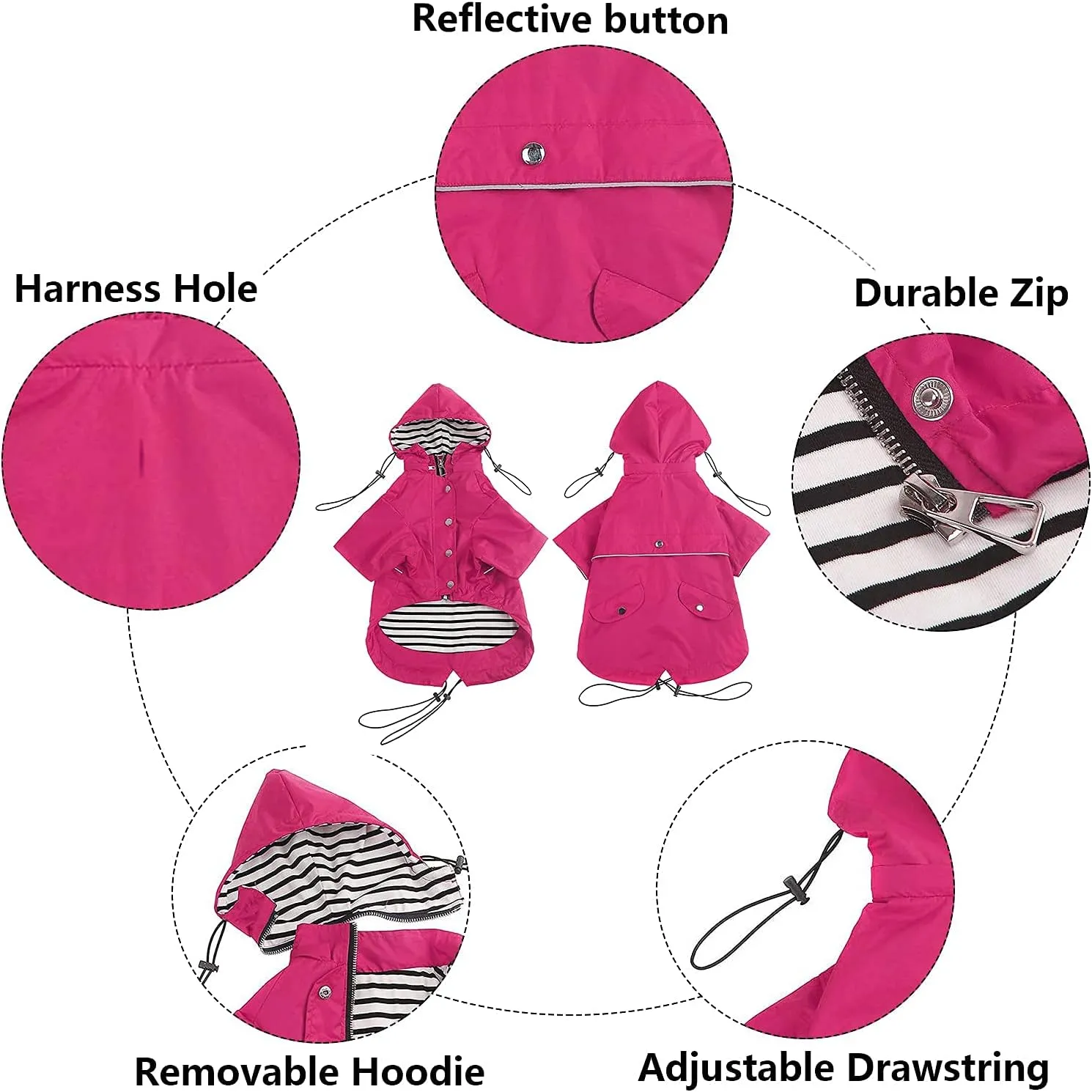 Morezi Dog Zip Up Raincoat with Reflective Buttons, Rain/Water Resistant, Adjustable Drawstring, Removable Hood, Raincoats with Legs 8lbs to 80lbs Available - Pink - S