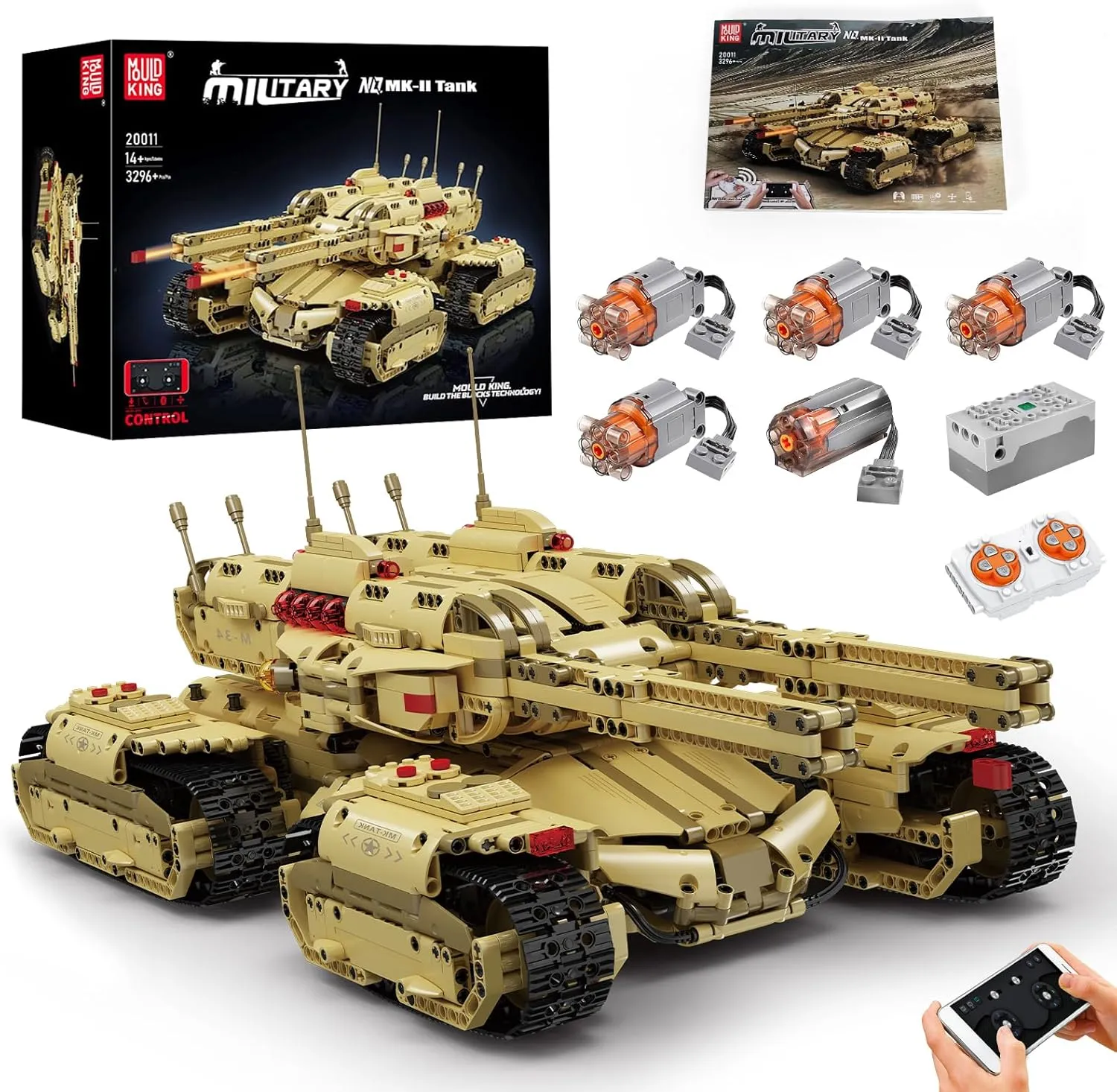 Mould King 20011 Technique Tank Model Building Blocks, 3296 Parts Technology Kit for Adults and Kids, Remote Controlled Tank with Remote Control and App Dual Control