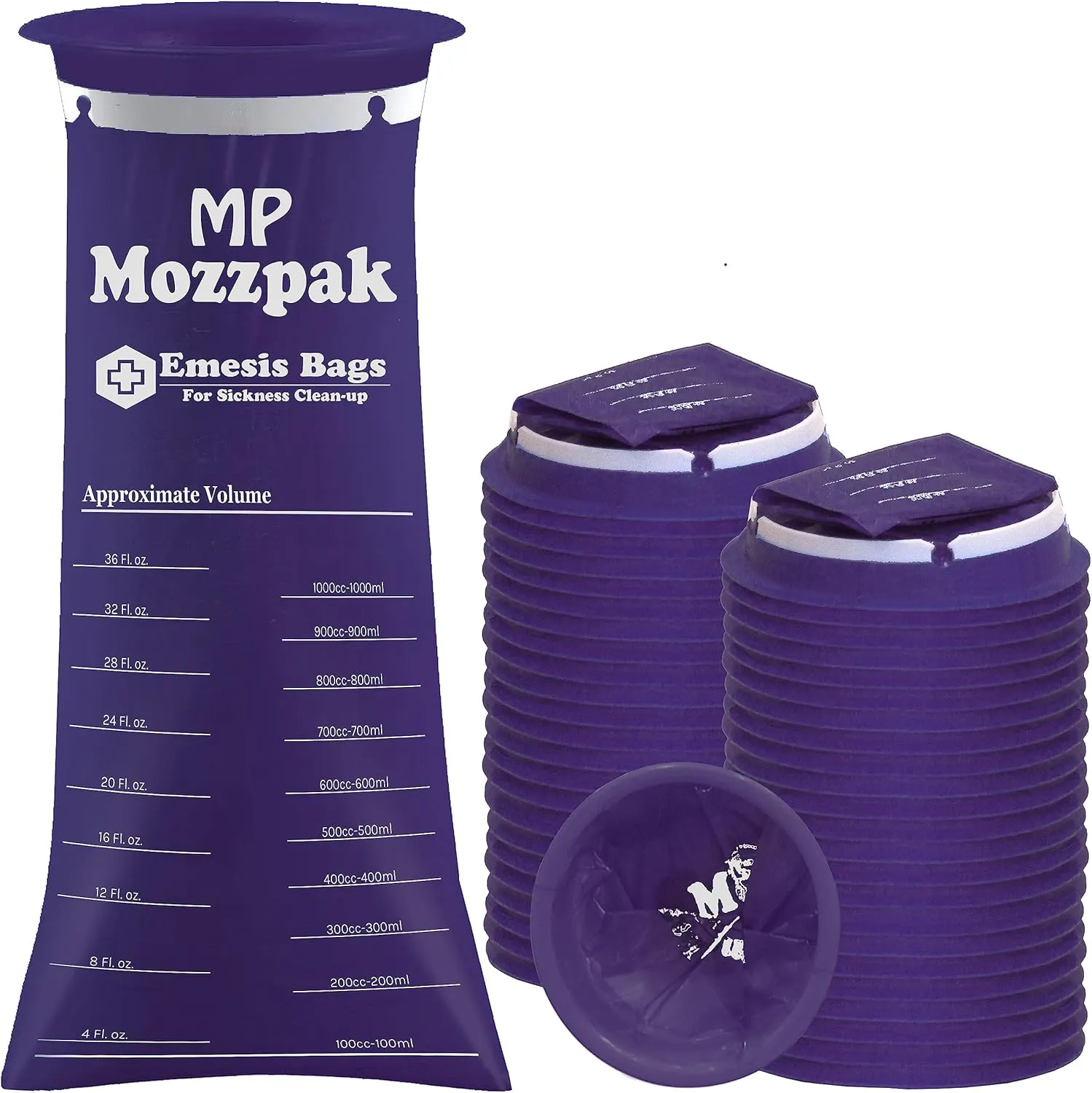 MP MOZZPAK Vomit Bags Disposable – 50 Pack – 1000ml Barf Bags – Leak Resistant, Medical Grade, Portable Emesis Bags, Puke, Throw Up, Nausea Bags for Travel Motion Sickness, Car & Aircraft, Kids, Taxi