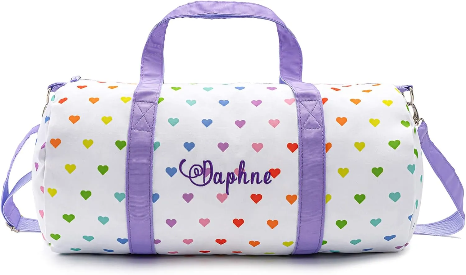 MT WORLD Girls Duffel Bag Personalized Toddler Weekender Bags with Name Lightweight Cute Heart Dance Ballet Bag with Adjustable Shoulder Strap Travel Duffle Bag for Trip Sleepover Girls Gifts (White)
