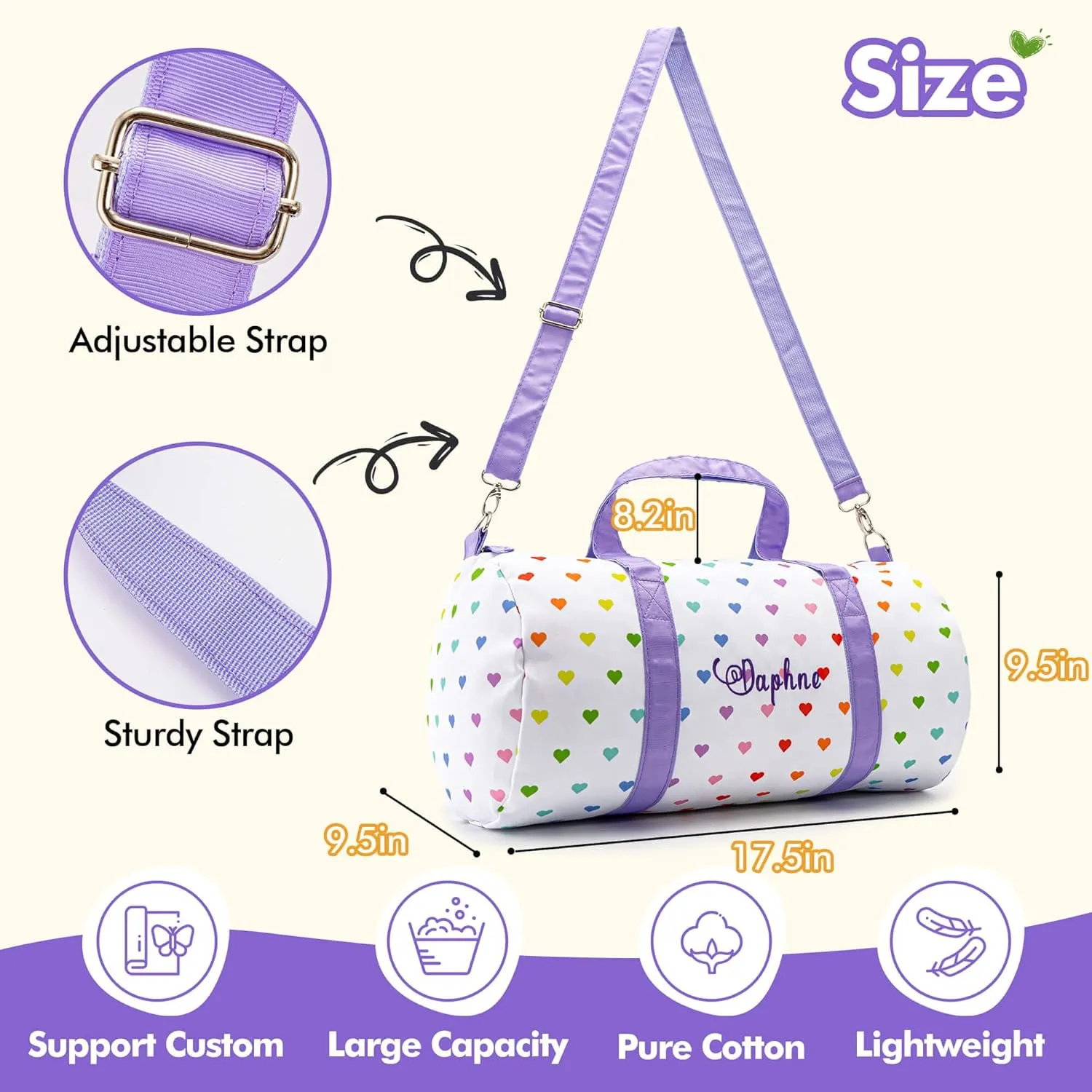 MT WORLD Girls Duffel Bag Personalized Toddler Weekender Bags with Name Lightweight Cute Heart Dance Ballet Bag with Adjustable Shoulder Strap Travel Duffle Bag for Trip Sleepover Girls Gifts (White)