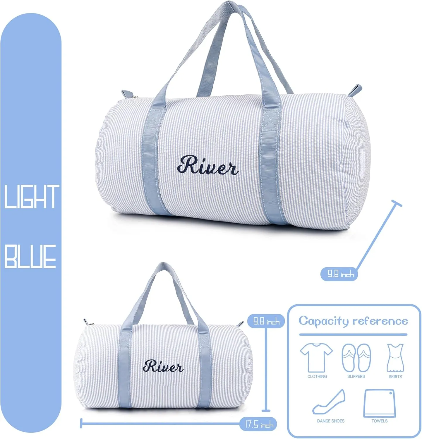 MT WORLD Personalized Duffle Bag for Kid Seersucker Cloth Overnight Duffel Bag with Name Toddler Travel Bag Custom Weekender Bag Child Small Sports Gym Ballet Dance bag Little Girls Boys (Light Blue)