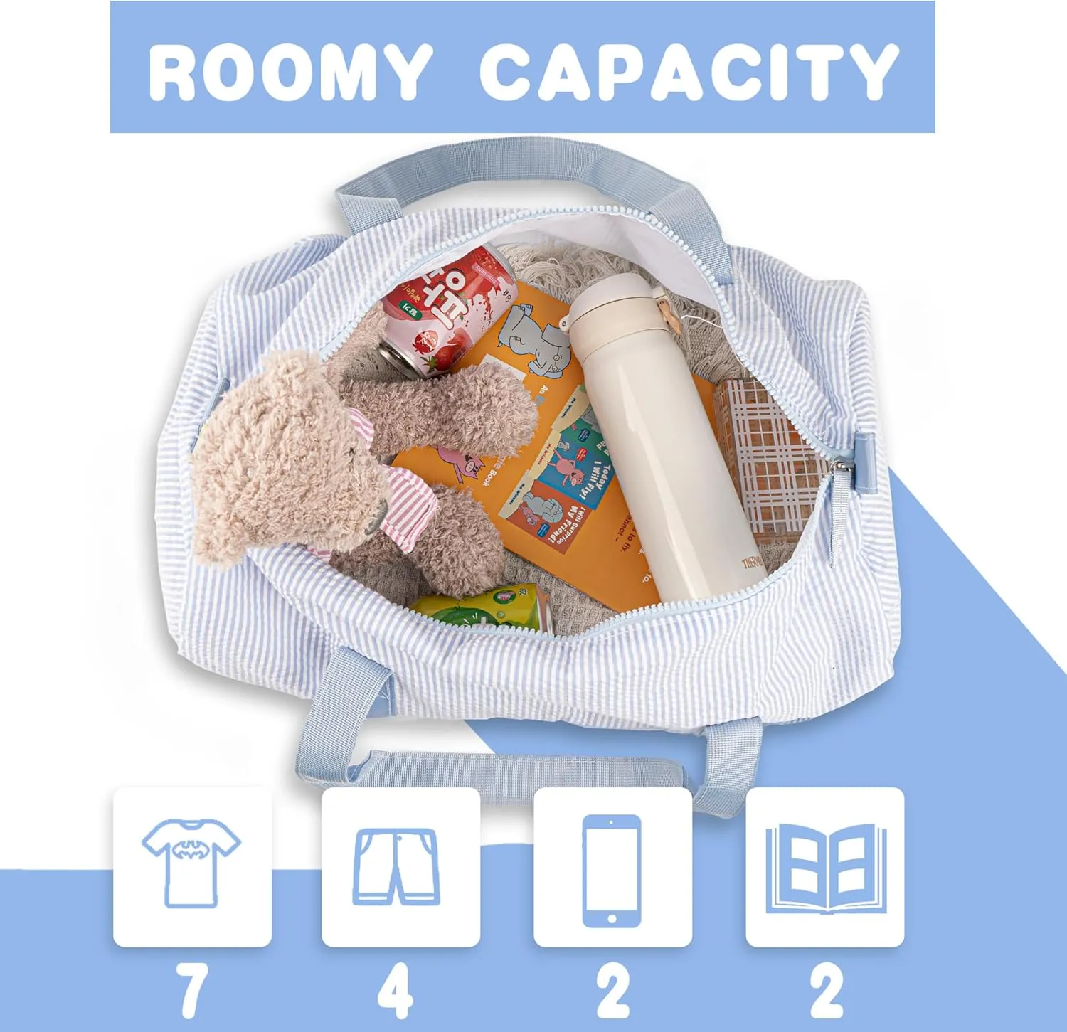 MT WORLD Personalized Duffle Bag for Kid Seersucker Cloth Overnight Duffel Bag with Name Toddler Travel Bag Custom Weekender Bag Child Small Sports Gym Ballet Dance bag Little Girls Boys (Light Blue)