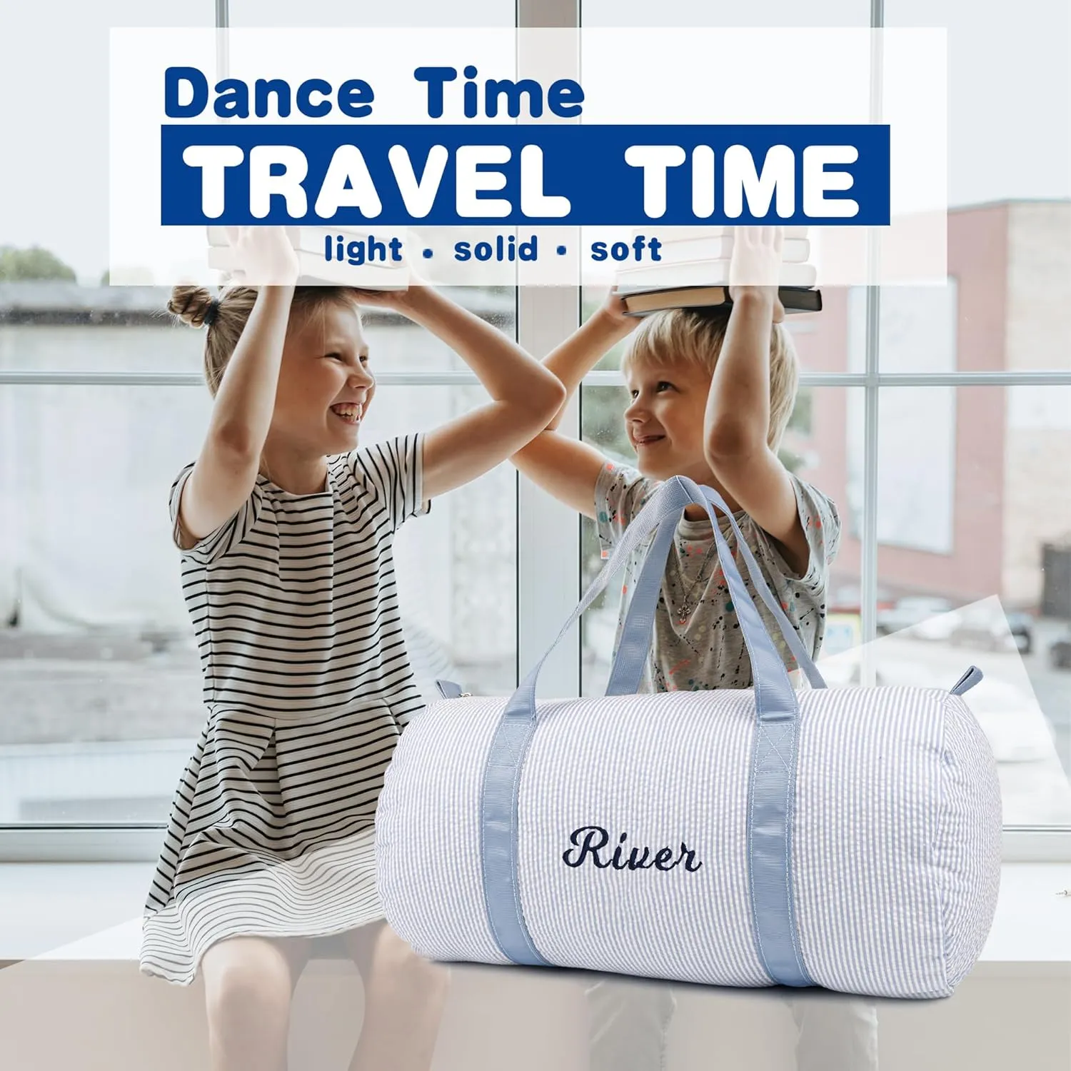 MT WORLD Personalized Duffle Bag for Kid Seersucker Cloth Overnight Duffel Bag with Name Toddler Travel Bag Custom Weekender Bag Child Small Sports Gym Ballet Dance bag Little Girls Boys (Light Blue)