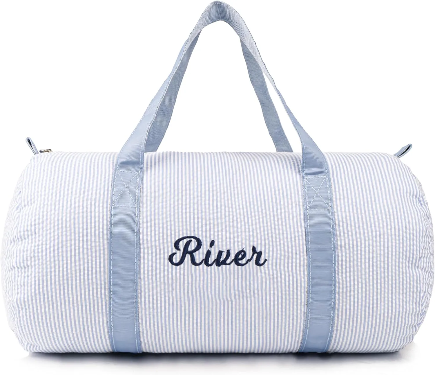 MT WORLD Personalized Duffle Bag for Kid Seersucker Cloth Overnight Duffel Bag with Name Toddler Travel Bag Custom Weekender Bag Child Small Sports Gym Ballet Dance bag Little Girls Boys (Light Blue)