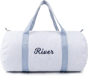 MT WORLD Personalized Duffle Bag for Kid Seersucker Cloth Overnight Duffel Bag with Name Toddler Travel Bag Custom Weekender Bag Child Small Sports Gym Ballet Dance bag Little Girls Boys (Light Blue)